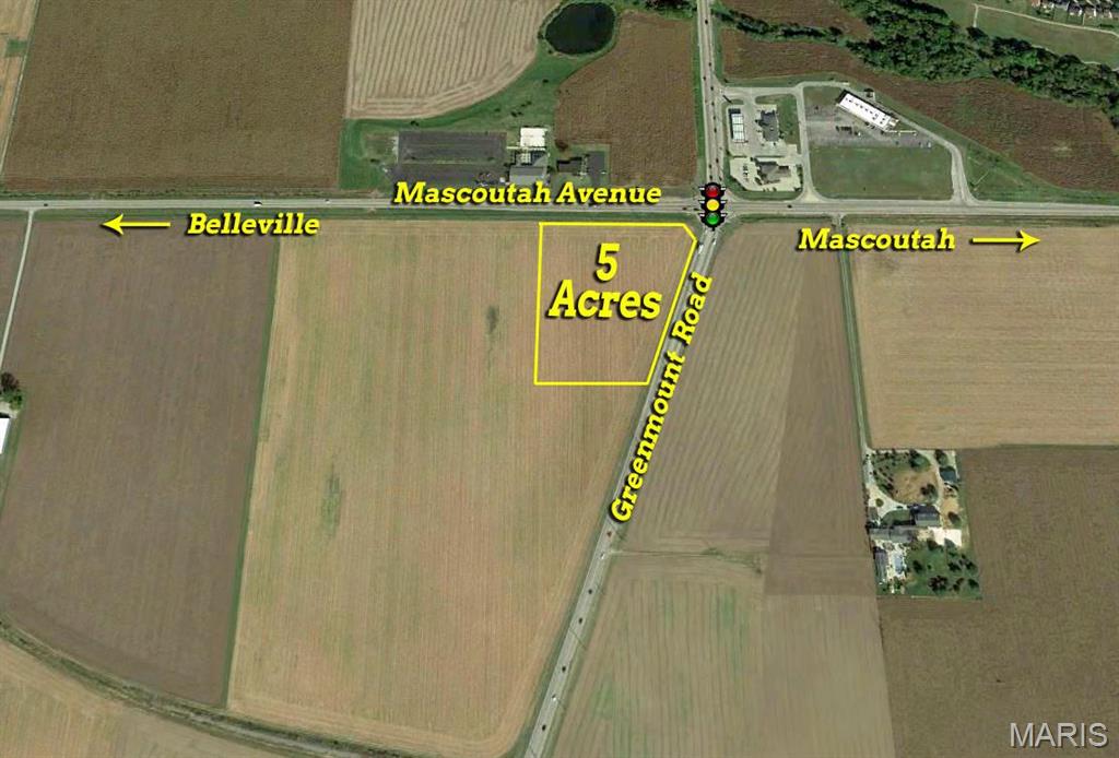 These 5 acres are situated on the Southwest corner of the signalized intersection of Green Mount Road & Mascoutah Avenue in Belleville, IL. There is approximately 776 Feet of Road Frontage with 490' along Mascoutah Avenue then 285' along Green Mount Road. The 5 acres are mostly level and is currently farm ground however the acreage is zoned Light Industrial  and offers a multitude of possible uses. The property is located in the zoning jurisdiction of Belleville. The 5 acres were recently split from a larger piece of land therefore, the Parcel ID Number listed has only recently been assigned and as a result, the tax amount listed is a 2018 prorated amount. Location: City, Corner Location