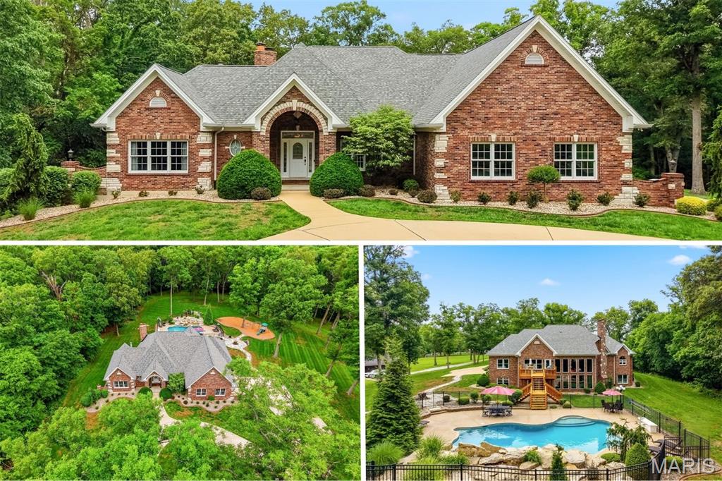 Welcome home to this beautifully appointed 5,609 sq. ft. brick ranch situated on 9.87 surveyed acres, offering an exceptional combination of privacy, space, and resort-style living. Featuring 4 bedrooms and 3.5 baths, this impressive home provides generous living and entertaining spaces both inside and out. The backyard is your own private retreat, highlighted by a stunning in-ground saltwater pool with a 9.5' depth, heating and cooling capabilities for extended seasonal enjoyment, an expansive patio, large cedar deck, outdoor lighting, dedicated firepit area, and designated playground space. Inside, the inviting open floor plan showcases a striking beamed ceiling and spacious great room centered around a cozy wood-burning fireplace. The chef-inspired kitchen is designed for entertaining with custom cabinetry, under-cabinet lighting, pot filler, expansive center island, and a stylish bar area with built-in refrigerator. The luxurious primary suite offers a relaxing retreat featuring a coffered ceiling, gas fireplace, dual closets, and spa-like bath with dual vanities and a freestanding soaking tub. A potential home office, oversized garage, and convenient main-floor laundry room with sink and built-in cabinetry add functionality to the thoughtfully designed floor plan. The finished walk-out lower level significantly expands the living space, offering an additional bedroom, sleeping area, full bath, spacious recreation room, bar area, and storage room. Walk directly outside to the pool and patio, creating a seamless transition between indoor and outdoor entertaining. 
With 5,609 sq. ft., 4 bedrooms, 3.5 baths, 9.87 surveyed acres, upscale finishes, and outstanding outdoor amenities, this exceptional property offers the space and versatility for everyday living, entertaining, and enjoying the privacy of an acreage setting.