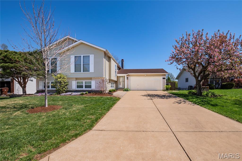 Welcome home to this beautifully maintained split-level gem nestled in sought-after St. Charles County and located within the highly desirable Francis Howell Central School District! Boasting 4 bedrooms, 2 full baths, and an open, airy floor plan, this home effortlessly blends comfort, style, and functionality.
Step into the inviting living room featuring stunning light laminate wood flooring and soaring vaulted ceilings that continue seamlessly into the kitchen—creating a bright and expansive main living space. The kitchen is equipped with stainless steel appliances (all included!) and is perfectly positioned to overlook the breathtaking wall of windows, flooding the home with natural light and offering picturesque views of the backyard.Just off the kitchen, step out onto the oversized deck—ideal for entertaining or relaxing—overlooking a massive, fully fenced yard that provides both privacy and plenty of room to play, garden, or unwind.The spacious primary suite is a true retreat, complete with vaulted ceilings, an entire wall of his-and-hers closets, and direct access to the beautifully updated Jack-and-Jill bath featuring a skylight for added natural brightness. Two additional generously sized bedrooms with ample closet space complete the upper level.Downstairs, the finished lower level is an entertainer’s dream! Enjoy a large family room with walk-out access to a patio, a cozy wood-burning fireplace with classic brick surround, a full bath, a fourth bedroom, and additional flex space perfect for a rec room, office, or home gym.An oversized attached 2-car garage and expansive driveway provide abundant parking and storage options.With space, updates, and location all wrapped into one incredible opportunity—this home is priced to sell and won’t last long!