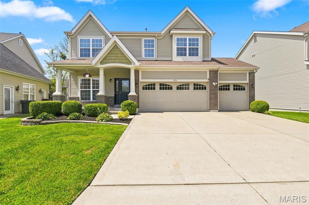 Hurry | Priced to Sell quickly | Excellent St. Peters Location - close to schools, 70, 370, 94 | 2 Story Home - Almost 2,900 sq. ft. of living area with a finished basement, 9 ft ceilings for both main level and basement pour, 4 bed - 3.5 bath , walk-out lower level, fenced yard, composite deck w/ stairs, patio w/ fire pit, sprinkler system, 3 Car garage w/ windows | Deck Ledger board repair on schedule.

Welcome to this home that invites you with a beautiful curb appeal w/ nice landscape and wide open front porch with architectural columns. Upon entering the foyer you will see beautiful hand scraped wood flooring. The formal living room/ den is to the left of the foyer. The stair case is centrally located and open to the basement also. The family room has ample light, gas fire place, plenty of recessed lights. the kitchen has 42" cabinets, center island, granite counters, stainless steel appliances, pantry. The lighting has been upgraded through out. Just off the kitchen is a convenient boot bench area and a powder room. Sliding glass door from the breakfast area opens to the composite deck.
Upstairs has an expansive master suite with a bath with corner tub and separate shower, dual sinks and walk-in closet. Hall bath is central to the other bedrooms that are decent in size as well with two of them having updated flooring. All bedrooms have ceiling fans with lights. Laundry room is conveniently located with easy access from the bedrooms on the same level.

Basement has 9 ft ceilings, plenty of recessed lights, low maintenance flooring, storage area, walk-out to the large patio and fire pit. yard has a fence and inground sprinkler system. Garage allows a lot of natural light through the windows and also has over head storage and also cabinets for tools.