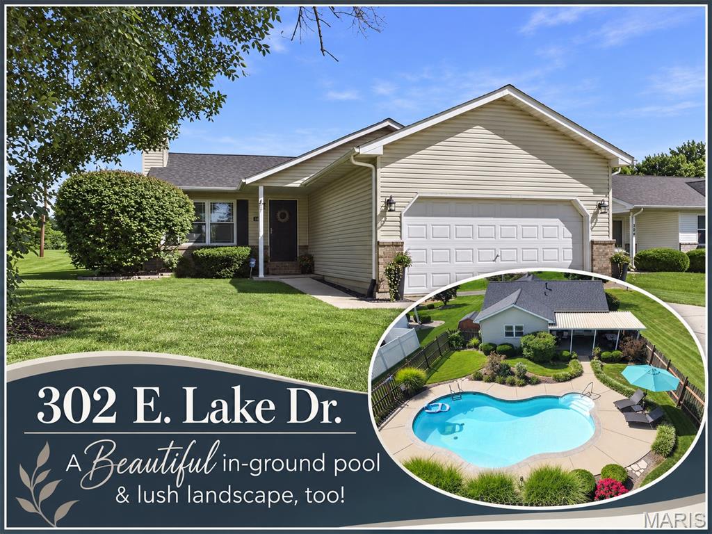 YOUR OWN PRIVATE GETAWAY—RIGHT AT HOME! A saltwater pool. Covered patio. Beautiful landscaping. And an Edwardsville address.  Beautiful updates, a fantastic corner lot and your very own saltwater pool—302 E. Lake Dr. is ready for its next chapter!  Welcome to this beautiful 3-bedroom, 2-bath home nestled on a desirable corner lot with a backyard that’s made for entertaining! Step inside to a light, bright and welcoming interior featuring tasteful updates and comfortable living spaces. The kitchen is beautifully appointed with custom Schmidt cabinetry, quartz countertops and ceramic tile flooring, offering both style and functionality. Recent improvements include fresh interior paint, a new roof and gutters in 2024, and a hot water heater in 2021. The partially finished lower level provides even more room to spread out with a spacious family/recreation room plus plenty of storage. But the real showstopper is outside! Retreat to your own private backyard oasis featuring an awesome in-ground saltwater pool, approximately 3'–6' deep, surrounded by lush landscaping and an oversized stamped-concrete covered patio—the perfect setting for summer entertaining, poolside dinners or simply relaxing at home. A storage shed is also included. Why Wait for Vacation? Your backyard oasis is waiting....  Located within the Dunlap Lake subdivision, this home offers a wonderful Edwardsville setting just east of downtown. Please note: the property is not currently part of the Dunlap Lake Property Owners Association; however, the new owners MAY have the option to pursue membership to enjoy the lake privileges, if desired. Buyer should independently verify eligibility, requirements and associated fees with the association.