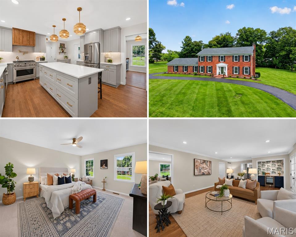 Nestled on a picturesque, level one-acre lot in the heart of Town & Country, this stunning estate has been thoughtfully renovated from top to bottom, blending timeless elegance with modern luxury. At the heart of the home is a spectacular chef's kitchen featuring custom cabinetry, a large center island with seating, quartz countertops, premium GE Café appliances including a commercial-style gas range, and a sun-filled butler's pantry. The adjoining formal dining room offers an elegant setting for everyday meals or memorable gatherings. The inviting great room is anchored by a beautiful wood-burning fireplace framed with custom built-ins, while a sophisticated wet bar creates the perfect space for entertaining. Upstairs, the luxurious primary suite serves as a private retreat, accompanied by three additional spacious bedrooms. The spa-inspired primary bath showcases a fully tiled walk-in shower with both a traditional shower head and handheld sprayer, a freestanding soaking tub, and illuminated anti-fog mirrors. Completing the suite is an impressive custom walk-in closet featuring built-in organization and its own charming wood-burning fireplace. The walk-out lower level adds approximately 1,000 square feet of finished living space, offering endless possibilities for a recreation room, fitness area, media room, or guest retreat, while still providing unfinished storage space with built-in shelves. Outside, the backyard offers a rare opportunity to create the outdoor living space of your dreams—whether it's a pool, outdoor kitchen, gardens, or entertaining patio. Extensive updates provide lasting peace of mind, including new windows throughout, a new roof, and a new HVAC system, making this exceptional home as practical as it is beautiful.