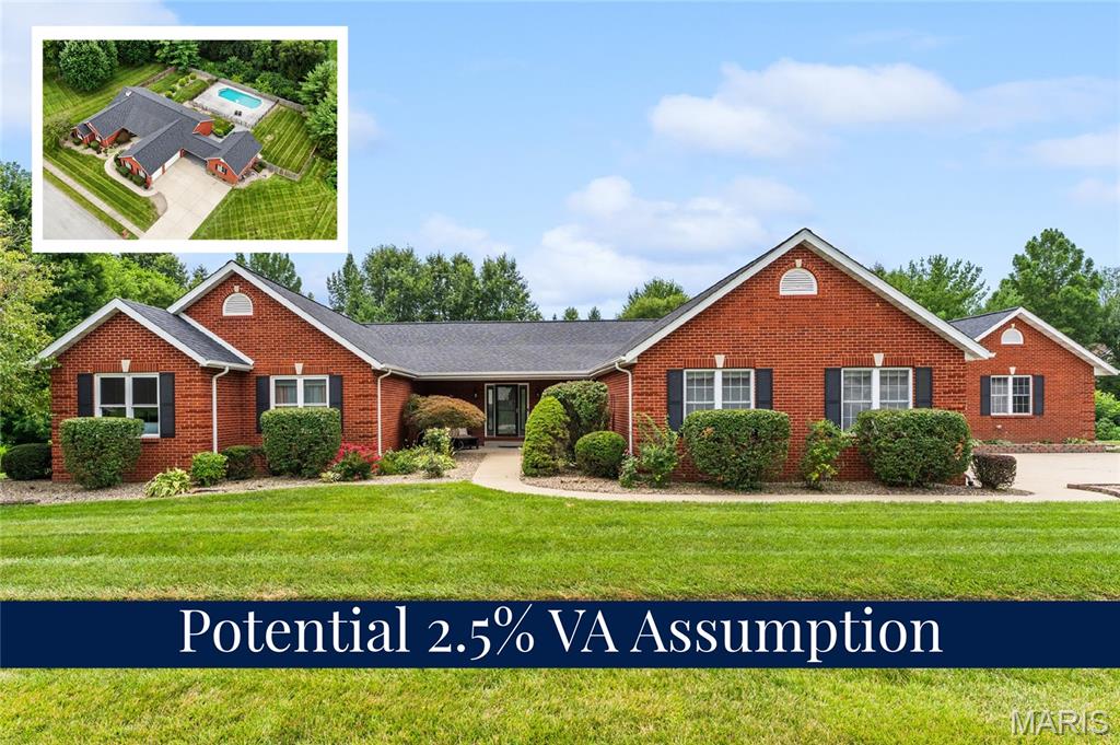 Set on a picturesque 1-acre walkout lot in Steeplechase—one of O'Fallon's most coveted neighborhoods - this home delivers the rare combination of timeless architecture, thoughtful renovations, and exceptional versatility. This predominantly brick ranch offers over-the-top livability with an open, split-bedroom design featuring 4 bedrooms, 3 baths, and effortless main-level living. Vaulted ceilings, walls of windows, and rich engineered hardwood flooring create an open and light-filled interior that feels both sophisticated and inviting. The primary suite has been reimagined as a private sanctuary, complete with a spa-caliber bath showcasing a custom walk-in tiled shower, oversized jetted soaking tub, and refined designer finishes. Both secondary baths have also been beautifully updated, creating a home where every space reflects the same level of care and quality. At the heart of the home, the chef's kitchen {w/ access to covered deck} is designed for gathering, offering granite countertops, an oversized center island, new stainless steel appliances, and seamless flow into the hearth room anchored by a gas fireplace. A spacious main-floor laundry room is conveniently located just off the oversized three-car garage.
The finished walkout lower level extends the home's entertaining and living space with large secondary living areas, 5th bedroom, 3rd full bath and opens to a resort-inspired backyard highlighted by a stunning saltwater gunite pool in the fenced backyard. An additional detached guest house creates endless possibilities for extended family, long-term guests, a private office, fitness studio, or creative retreat, while the lower level provides abundant additional storage.
Beyond the aesthetics, the investment has already been made. Significant capital improvements—including the architectural shingle roof, HVAC system, water heater, siding, windows, and more—provide peace of mind for years to come.
Properties offering this level of privacy, flexibility, and thoughtful updating in Steeplechase rarely become available, and is positioned to evolve with you at every stage of life.