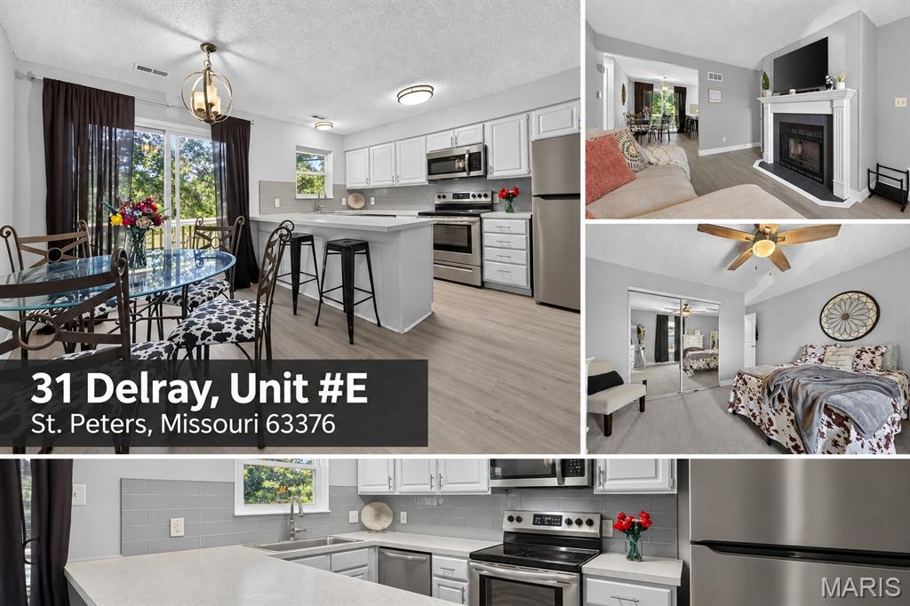 Updated, inviting and positioned for an easy St. Peters lifestyle, 31 Delray Court, Unit E packs plenty into 924 square feet. The bright kitchen features white cabinetry, stainless-steel appliances, a tile backsplash and an oversized peninsula that opens naturally to the dining area and private deck. The spacious living room is anchored by a wood-burning fireplace, while two comfortable bedrooms, an updated bath, neutral finishes and abundant natural light make the home feel clean and move-in ready. The location earns its keep: Covenant Park is across the street, everyday shopping, Spencer Creek Trail, and dining are close by, and quick access to Highway 364, I-70 and Highway 370 keeps St. Charles County and the greater St. Louis area within easy reach. Add community pool, private storage and laundry hookups, and this is low-maintenance condo living without giving up comfort, recreation or connectivity. Come and get it...