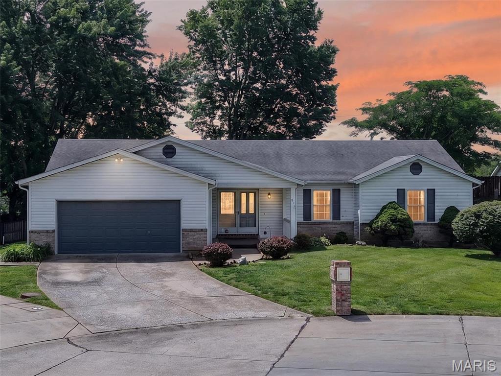 Welcome to this sprawling 3 bed 2 bath ranch home tucked away on a quiet culdesac in desirable Pegasus Farms! You are greeted by the covered front porch leading into the open entry way. The great room features vaulted ceilings, large bay window providing tons of natural light, and hardwood floors. The wood burning stove excentuated by the beautiful brick surround back drop. The corner wet bar creates a great atmosphere for entertaining family & friends. The large kitchen layout offers a center island, extended countertop space and spacious walk-in pantry. The dining space can accomidate a large dining room table. Head out back to the patio, a perfect spot to host a BBQ this summer! Primary bedroom is generously sized, featuring on suite full bath with dual sinks, soaking tub and separate shower. Two more spacious bedrooms & full hall bath complete the main level. Full basement is perfect for future expansion or storage. Main floor laundry room leads to the 26 x 22 oversized garage with insulated garage door and side service door. This is the perfect property to make your own with some sweet equity. Schedule your private showing today! Property is being sold as is.