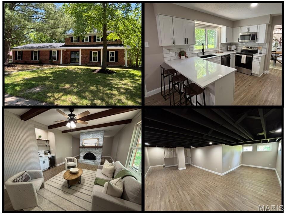 You DO NOT want to miss out on this stunning remodeled home! 3938 Hirondelle Lane harbors 2,790 square feet, FIVE bedrooms, three bathrooms, and a FINISHED LOWER LEVEL. The kitchen is unbelievable! Quartz countertops, soft-close cabinets, ceramic backsplash, Blanco sink, and stainless-steel appliances. The fridge stays! The family room includes a wood burning fireplace, wet bar, and decorative wood beams. The main level also contains a formal dining room, living room, powder room, main floor laundry, 5th bedroom, and enclosed FOUR SEASONS ROOM. Upstairs there are four bedrooms and two full bathrooms. The generous sized primary bedroom provides a walk-in closet and a ensuite primary bathroom. The bathrooms contain ceramic tile shower surrounds with modern matte black shower fixtures. The finished lower level adds valuable living space. The entire home boasts beautiful new LVP flooring, upgraded baseboards, and modern matte black light fixtures and door hardware. Keep your cars dry in the attached two car garage. The fully fenced-in backyard is a perfect space for your pets. The classic brick exterior pairs nicely with the fresh new landscaping. Additional upgrades include a new roof, water heater, and 200 amp electric panel. This home will not last long. Schedule your showing today!