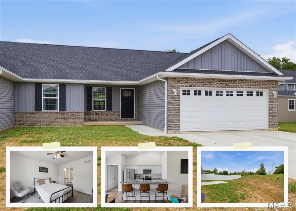 Tucked away at the end of quiet street, just next to the culdesac, in the newer Grindstone Grove community, this beautifully maintained ranch-style villa offers the perfect blend of modern finishes, functional space, and low-maintenance living. Built in 2025 and sitting on an oversized cul-de-sac lot with a large, flat backyard, this 3 bed, 2 bath home feels practically brand new without the wait of new construction. The yard extends well-beyond the neighboring fence in length and is one of the largest lots in the subdivision. Inside, the open-concept layout features vaulted ceilings, luxury vinyl plank flooring, granite countertops, stainless steel appliances, a walk-in pantry, and a large center island designed for everyday living and entertaining alike. Did we mention main floor laundry? The spacious primary suite with oversized walk-in closet, large 2-car garage, oversized and extended driveway, and full unfinished basement with bath rough-in and egress window offer both comfort and future potential. Located in the Troy R-III School District with concrete streets, sidewalks, streetlights, and high-speed Gateway Fiber internet available, this home combines small-town charm with modern convenience.