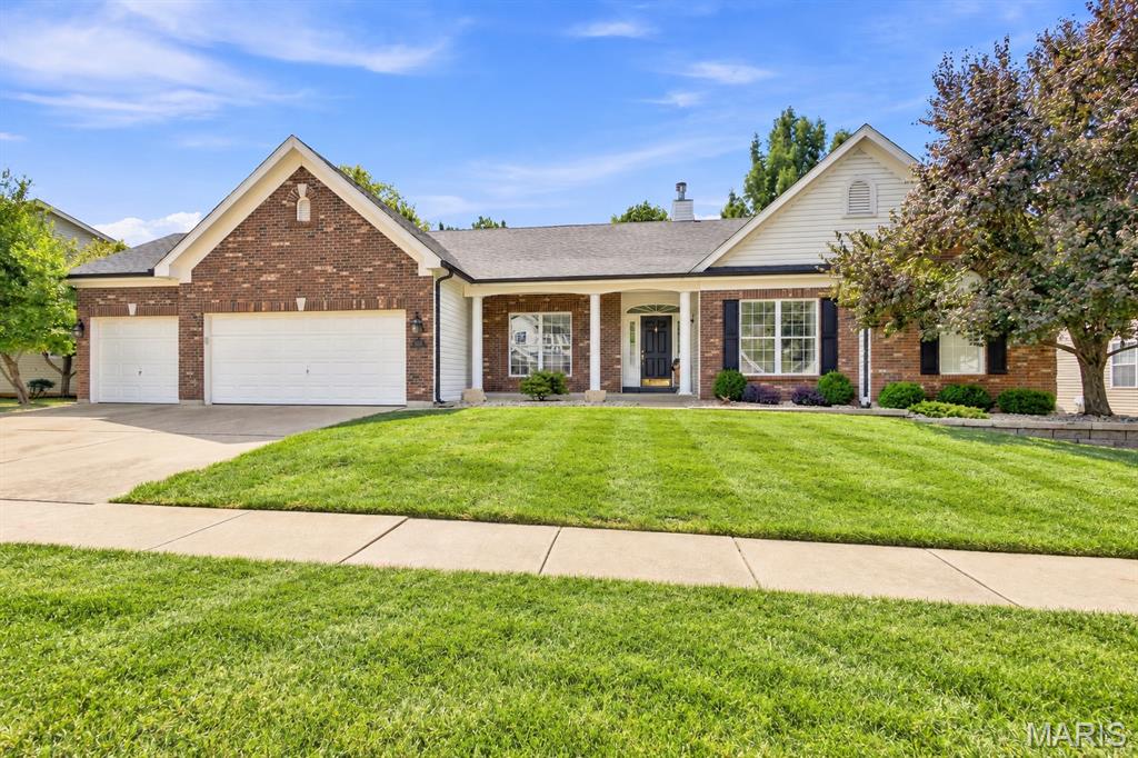 Stunning atrium ranch in the Legends Golf Community with views of the Meramec river valley! This home checks all the boxes with luxury curb appeal, brick front exterior, finished LL with walk-out, 3-car garage, gorgeous views, useable yard and more! Walk inside to an open & bright floorplan with oak floors throughout the main level, crown moldings, neutral colors & substantial updates. Entry foyer is flanked by a formal DR w/chair rail, chandelier & curved archways. Family/great room impresses w/recessed lighting, fireplace, custom moldings & rear wall of windows with impressive views. Gourmet, eat-in kitchen includes granite counters, large center island, custom cabinets, vaulted ceilings, planning desk, breakfast/dining area & hearth room with full, brick surround fireplace. Main floor MB suite is spacious w/bay window extension, walk in closet & luxury master bath with dual vanities, soaking tub & glass shower enclosure. 2 add. BR's on the main level share an updated jack-n-jill style bathroom. Main floor laundry.  LL is fully finished w/large family room, bar area, full bath, office space, sleeping area & plentiful storage. Out back is a composite, covered deck with 2 ceiling fans, concrete patio, flat & useable yard & a perfect combination of views & privacy.  This home is 100% ready for fall views!  RSD, golf cart access to the Country Club & downtown Eureka.
