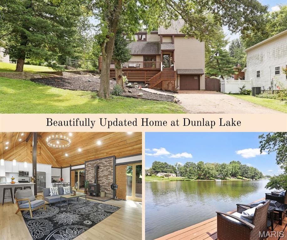 Enjoy lake living in this 3 bedroom/3 bathroom updated home at Dunlap Lake!  The first floor boasts a spacious great room with a soaring cathedral wood ceiling that opens to an updated kitchen featuring quartz countertops, breakfast bar, stainless appliances and breakfast area - all w/LVP.   The main floor primary suite has an accent wall, deck access and an ensuite full bath.  The first floor has laundry hookups.  The second floor offers two additional bedrooms and a second full bathroom w/LVP.  The lower level features a second living area, a wet bar w/extra cabinetry, a 3/4 bath w/LVP, laundry room & storage space and walks out to the oversized 1-car garage.  Outdoor space is absolutely amazing with a spacious back deck and front porch with beautiful views - perfect spaces to relax and enjoy the peace and quiet!  The oversized dock is conveniently located right across the street for easy access!  Another great space to entertain family and friends!