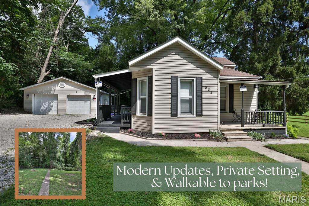 Tucked back among the trees, this charming bungalow feels like a peaceful retreat while still being just minutes from everything Alton has to offer. If you've been searching for a home with character, privacy, and a setting that's hard to find at this price point, this one is worth a look.

Inside, you'll find a welcoming living room with beautiful original built-ins, touches of exposed brick that add warmth and personality, and an easy, comfortable layout that feels like home from the moment you walk in. The wraparound porch is the perfect spot for your morning coffee or winding down in the evening, surrounded by mature trees and a backyard that offers a surprising amount of privacy.

The detached two-car garage and additional off-street parking provide plenty of space for vehicles, hobbies, or extra storage. Conveniently located near downtown Alton, local restaurants, shopping, Olin Park and Piazza Park, you'll enjoy the best of both worlds—a quiet, tucked-away setting without sacrificing convenience.

Whether you're looking for your first home, a place to downsize, or simply a home with charm you won't find in new construction, 522 Shelly Avenue is ready to welcome you home.