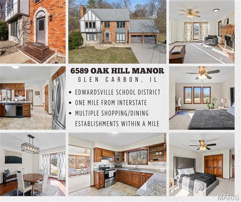 EDWARDSVILLE SCHOOL DISTRICT & A MILE AWAY FROM THE INTERSTATE/ MULTIPLE SHOPPING/DINING EXPERIENCES!  Get the best of both worlds with easy commuting access & a sought-after school district!  This beautiful 5-bedroom, 4-bath Tudor-style home is filled with timeless charm and character throughout. Abundant natural light pours into every level, creating a warm and inviting atmosphere while highlighting the home’s classic elegance. Recent updates include new dual-zone climate control, ensuring comfort on every floor. The main level offers a seamless flow from the living room to the kitchen and dining area, providing the perfect setting for everyday living, cooking, and entertaining. Upstairs, you’ll find four generously sized bedrooms, including the inviting primary suite complete with a relaxing en-suite bath designed as a private retreat. The finished basement adds even more living space, featuring a cozy fireplace, a pull-down projection screen perfect for movie nights, and plenty of room for gatherings. An additional bedroom and full bath make this level ideal for guests or a private suite. Step outside to enjoy multiple outdoor living spaces—perfect for dining, relaxing, or simply taking in the sunset. Don’t miss the opportunity to own this charming home in the heart of Glen Carbon! ** Some photos virtually staged to show potential. **