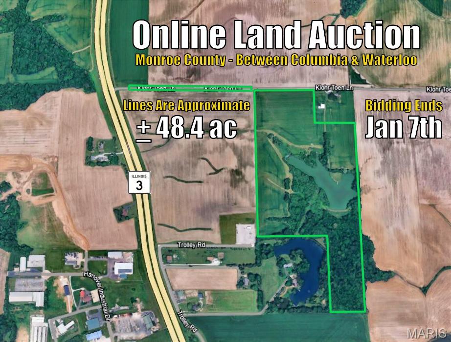 PRIME LOCATION LAND OPPORTUNITY! This property is located just off IL State Route 3 between Columbia and Waterloo. The two parcel property totals +/- 48.4 acres including +/- 22 acres tillable with a +/- 4.75 acre lake. The property is currently zoned Monroe County Agricultural (MA-2) but the Monroe County Comprehensive Plan shows a future planned zoning change to Industrial/Business. BIDDING is on a PRICE PER ACRE of 48.4 acres. The listed price is the ASKING OPENING BID at $14,000/Acre X 48.4 Acres = $677,600. The auction is ONLINE ONLY. BIDDING ENDS with a SOFT CLOSE on 1/7/2026 at 7pm (cst). Don't miss out on this opportunity! REGISTER & BID ONLINE NOW at SCHALLER.GROUP