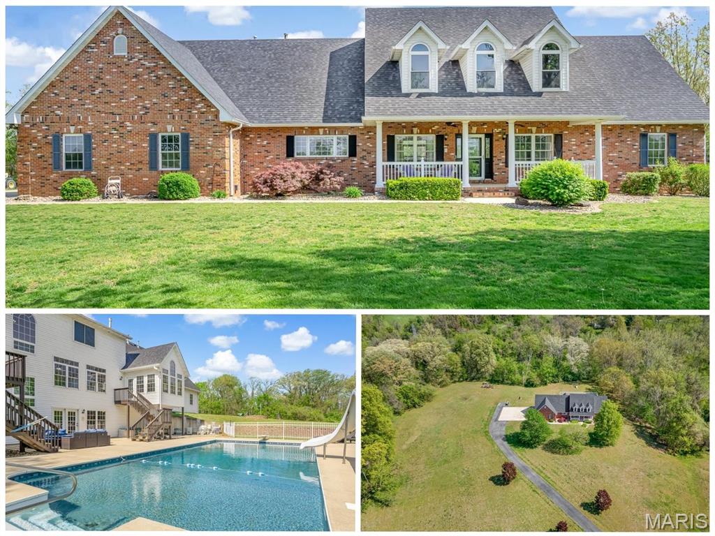 Rare opportunity to own a stunning custom estate on 8.27 private acres! This exceptional 6 bed, 5 bath home offers over-the-top features inside and out, including an in-ground pool, expansive outdoor living spaces, and a 3-car oversized garage with workbench. The main level showcases an executive office with glass French doors, formal dining room, and a breathtaking family room with a two-sided gas fireplace flowing into a gourmet kitchen with center island, gas cooktop, stainless appliances, coffee bar, and spacious breakfast area. A sunroom, powder room and main-floor laundry add convenience and charm. The luxurious primary suite features deck access overlooking the pool, a two-sided fireplace, renovated spa-like bath with dual vanity, soaking tub, shower, and an incredible custom walk-in closet. Upstairs offers 4 bedrooms and 2 baths, including a Jack & Jill, plus abundant storage. The walk-out lower level includes a 6th bedroom, full bath, bar, recreation and gaming areas, storage and direct access to the resort-style salt-water, heated pool with diving board and slide. Enjoy multiple outdoor entertaining areas, large patio, expansive yard, and even a pickleball court lined out on the driveway. A truly one-of-a-kind retreat! There is so much space and so many amazing features, you will have to preview it yourself. Floor plans are included in the photos.