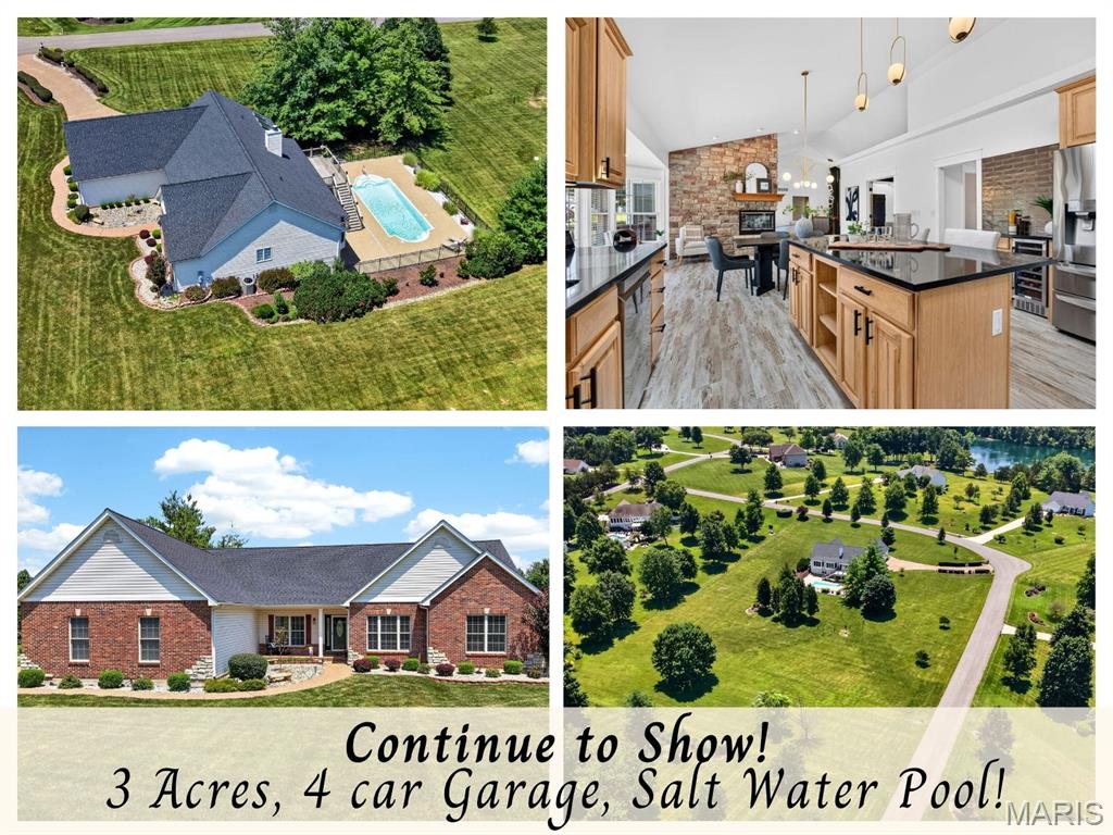 Openhouse Sunday 9/13 1-3 PM. PRICE IMPROVEMENT! Back on market. No fault of sellers. You do not want to miss your DREAM HOME, where country living meets convenience, just minutes from town on all paved roads.  This spectacular custom-built, ranch sits on a 3-acre lot in highly sought area of Wentzville and is unincorporated for lower taxes! Boasting nearly 4400 finished square feet, including a 4-CAR oversized garage and an IN-Ground SALT-Water Pool.  Stunning, open floor plan, this home offers luxury, serenity, and ample space for both entertaining and daily living. ----- Step inside to discover soaring 9-foot ceilings that Vault up to 20' in the main areas throughout the main level. The expansive great room, featuring a stone woodburning fireplace, that is three sided including the hearth room. The gourmet kitchen impresses with rich hickory cabinets, Cambria quartz countertops, a double oven, pantry, stainless steel appliances (just 2 years old) and a spacious bay-window breakfast area that opens onto a large cedar deck. that has been perma-sealed.  The luxurious primary suite provides a true retreat experience, complete with an electric fireplace, and large bay window that overlooks the large saltwater pool.  Be prepared to be impressed with the BRAND-NEW SPA LIKE BATHROOM featuring stunning porcelain walls, dual floating vanities, with sintered stone tops, plus a soaking tub, in the oversized walk-in shower with Rainhead plus a large walk-in closet.  There are two additional generously sized main-level bedrooms with large hall bathroom. ----- Downstairs, the walk-out lower level is designed for entertaining, offering two family room spaces plus another fireplace! There is a game area, wet bar, two additional large bedrooms and another full bath, plus plenty of storage. Stepping out from this level, you'll find a sprawling patio that seamlessly transitions to a beautiful saltwater pool and overlooking a private tree line for unparalleled privacy. The expansive outdoor space is perfect for hosting memorable family barbecues, providing ample room for gatherings both large and small. Children and pets alike will enjoy the freedom to play and explore. ----- Additional features include an oversized four-car side-entry garage with an aggregate driveway, a large main-floor laundry room with laundry sink plus a half bath across from the laundry area so no traipsing thprough the house to wash your hands!  This home offers so much and is waiting for you to call it home. Inground fiberglass pool is 16 ft x 40ft and transitions from 3 to 6 ft deep.  Check out the updated components: Roof is 7 years old , Lennox HVAC System is 7 years old, 50 gallon hot water heater is 2 yrs old.  So much to love with the complete package which includes black doors, updated hardware and stunning light fixtures, ceiling fans in every bedroom, 3 total fireplaces, accented with wood architectural details, french doors, barn door and all hardwood or luxury vinyl plank flooring - no carpet.  Fall in love with this private retreat, hurry to see this one in person and make this dream home yours!  Lake viewed in any pictures is a private lake and not accessible thru ownership of this particular home.