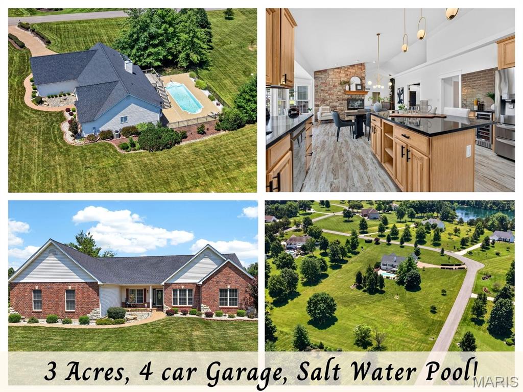 Welcome to your DREAM HOME, where country living meets convenience, just minutes from town on all paved roads.  This spectacular custom-built, ranch sits on a 3-acre lot in highly sought area of Wentzville and is unincorporated for lower taxes! Boasting nearly 4400 finished square feet, including a 4-CAR oversized garage and an IN-Ground SALT-Water Pool.  Stunning, open floor plan, this home offers luxury, serenity, and ample space for both entertaining and daily living. ----- Step inside to discover soaring 9-foot ceilings that Vault up to 20' in the main areas throughout the main level. The expansive great room, featuring a stone woodburning fireplace, that is three sided including the hearth room. The gourmet kitchen impresses with rich hickory cabinets, Cambria quartz countertops, a double oven, pantry, stainless steel appliances (just 2 years old) and a spacious bay-window breakfast area that opens onto a large cedar deck. that has been perma-sealed.  The luxurious primary suite provides a true retreat experience, complete with an electric fireplace, and large bay window that overlooks the large saltwater pool.  Be prepared to be impressed with the BRAND-NEW SPA LIKE BATHROOM featuring stunning porcelain walls, dual floating vanities, with sintered stone tops, plus a soaking tub, in the oversized walk-in shower with Rainhead plus a large walk-in closet.  There are two additional generously sized main-level bedrooms with large hall bathroom. ----- Downstairs, the walk-out lower level is designed for entertaining, offering two family room spaces plus another fireplace! There is a game area, wet bar, two additional large bedrooms and another full bath, plus plenty of storage. Stepping out from this level, you'll find a sprawling patio that seamlessly transitions to a beautiful saltwater pool and overlooking a private tree line for unparalleled privacy. The expansive outdoor space is perfect for hosting memorable family barbecues, providing ample room for gatherings both large and small. Children and pets alike will enjoy the freedom to play and explore. ----- Additional features include an oversized four-car side-entry garage with an aggregate driveway, a large main-floor laundry room with laundry sink plus a half bath across from the laundry area so no traipsing thprough the house to wash your hands!  This home offers so much and is waiting for you to call it home. Inground fiberglass pool is 16 ft x 40ft and transitions from 3 to 6 ft deep.  Check out the updated components: Roof is 7 years old , Lennox HVAC System is 7 years old, 50 gallon hot water heater is 2 yrs old.  So much to love with the complete package which includes black doors, updated hardware and stunning light fixtures, ceiling fans in every bedroom, 3 total fireplaces, accented with wood architectural details, french doors, barn door and all hardwood or luxury vinyl plank flooring - no carpet.  Fall in love with this private retreat, hurry to see this one in person and make this dream home yours!