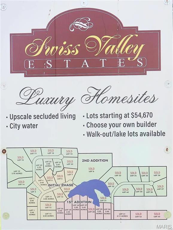 Swiss Valley Estates offers luxury living in a scenic country setting. This new upscale community with 130 acres of gentle rolling land features many wooded walk-out lots and a spectacular, 9-acre, spring-fed lake. A sparkling treasure hidden in the countryside South of Highland, Illinois, Swiss Valley Estates offers lot sizes ranging from 2-acres up to 5.5 acres.