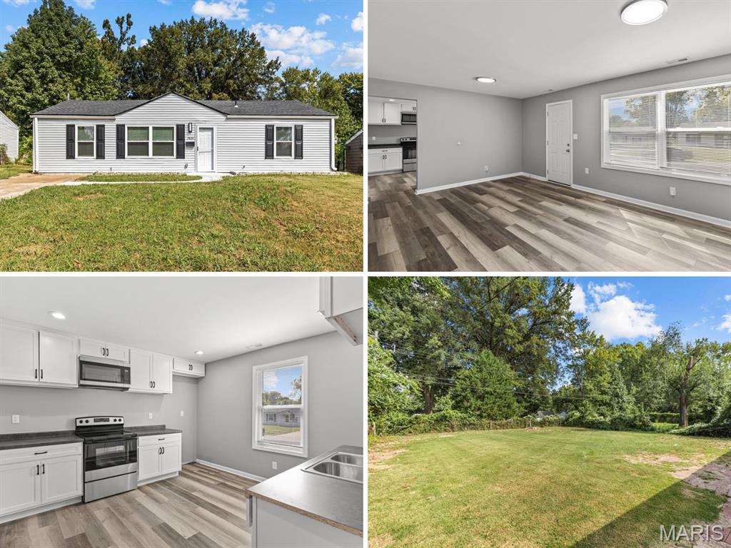 Beautifully RENOVATED ranch bungalow with OWNER SUITE, neutral modern finishes and large backyard - near 38-acre KOENEMAN PARK (fishing lake, playground, sports, trail and more). One-step entry - zero stairs! NEW architectural shingle roof, low-maintenance vinyl siding, windows, gutters, lighting, full-glass storm door and front walkway. Bright living room with double window and water-resistant luxury vinyl plank flooring in WARM WOOD finish. NEW eat-in kitchen with classic white shaker cabinets, STAINLESS smooth-top electric range, coordinating microwave hood and recessed lights. NEW primary suite with dove gray vanity, tiled step-in shower. Secondary bedrooms share NEW hall bath with tiled tub/shower combo. NEW fixtures and 6-panel interior doors throughout. NEW HVAC systems and water heater. Partially fenced backyard with paver patio area - ideal for gatherings, gardening and relaxation. Off-street parking for 2 vehicles. Close to Highways 270/367/70/170 near Norwood Hills Country Club. ULTRA-CONVENIENT location with most daily errands within a mile.