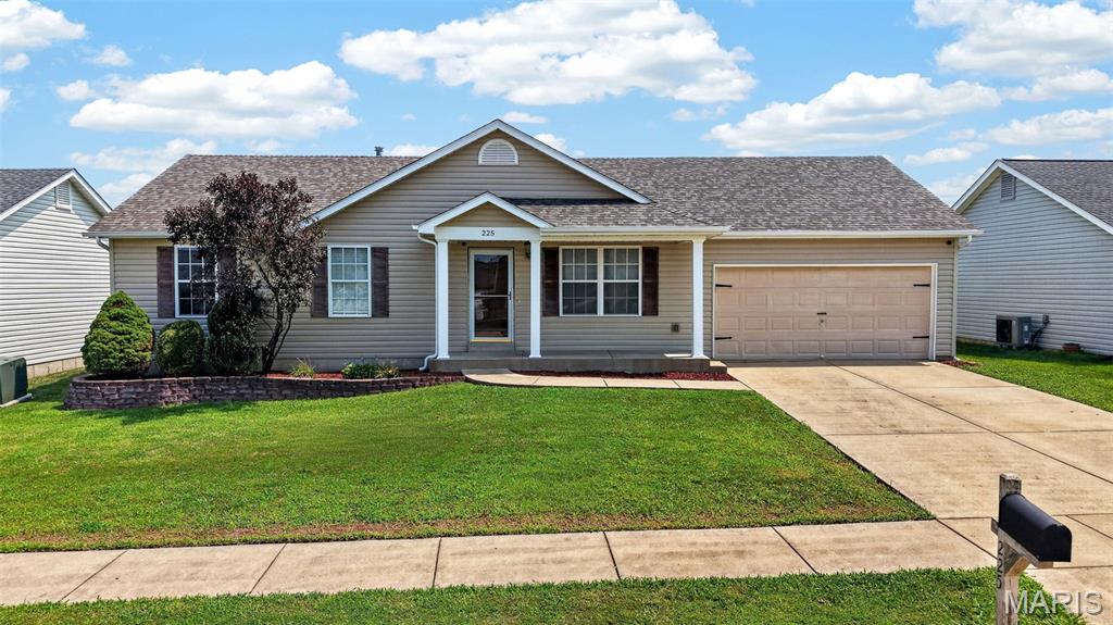 Lovely open floorplan offered in this 3 bedroom, 2 full bath ranch.  2 car garage is extra deep on one side, great for large vehicle or workshop area. Huge yard with vinyl fencing, has extra large patio and is pretty private with a view of neighbor pond.  Newer roof, gutters, downspouts and some siding in 2025.  Great Room is vaulted, has laminate wood flooring and plant shelf.  Great Room and Kitchen are open with each other, great for entertaining.  Kitchen is also vaulted, appliances are less than 2 yrs new, tons of counter space and plenty of cabinets with crown molding, pantry, beautiful backsplash and wood laminate flooring.  Enormous main floor Laundry Room.  Primary Bedroom with Primary Bath with shower.  Baths have updated luxury vinyl plank flooring.  Good sized bedrooms, 2nd bedroom set up perfectly for an office with luxury vinyl plank flooring and upgraded lighting with dimmer.  Full basement is fully framed out ready for your finishing touches.  Highly desired Wentzville School district.  Here it is!