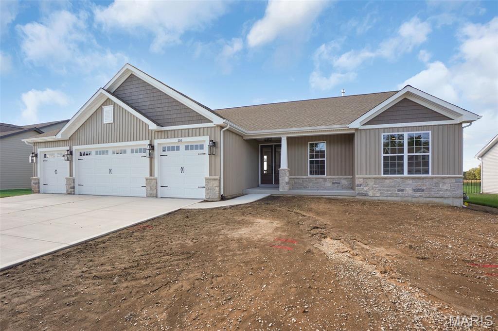 This Ranch Home recently completed has a huge backyard plus an enlarged 4 Car Garage.  This Home has an 8' Tall, 3/4 Glass Double Front Door & 10' Ceilings in the Foyer, Great room, Kitchen & Breakfast room.  The Great room has a DV Fireplace w/ Stone & Raised Stone Hearth, Laminate Floors & 6' Windows w/Transoms above & Can Lighting.  The Kitchen has 42" Soft Close, Maple Cabinets w/ Crown Mold, Quartz Counters, a Huge Island, Stainless Appliances, Dbl. Trash Drawer, Blanco Undermount Sink, a Large Walk in Pantry, Can Lighting, Under Cabinet Lighting & Laminate Floors.  Beyond the Breakfast Room is a 16' w x 14' d Covered Patio.  The Primary Suite has a Large Shower, Double Bowl, Adult Height Vanities, Upgrade Counters, Matte Black Moen Faucets & a Transom Window.  Other Features in this Home Include 2 Panel, 8' Tall Doors, Open Stairs w/ Iron Spindles, 5 1/4" Base & 3 1/4" Door Casing, 2' Extension on the 4 car Garage, Architectural Shingles, 8' Tall Carriage, Insulated Garage Doors, Rough In Plumbing for a Future Bath, a 33' x 13' Concrete Patio &  a Landscaped & Fully Sodded Yard.