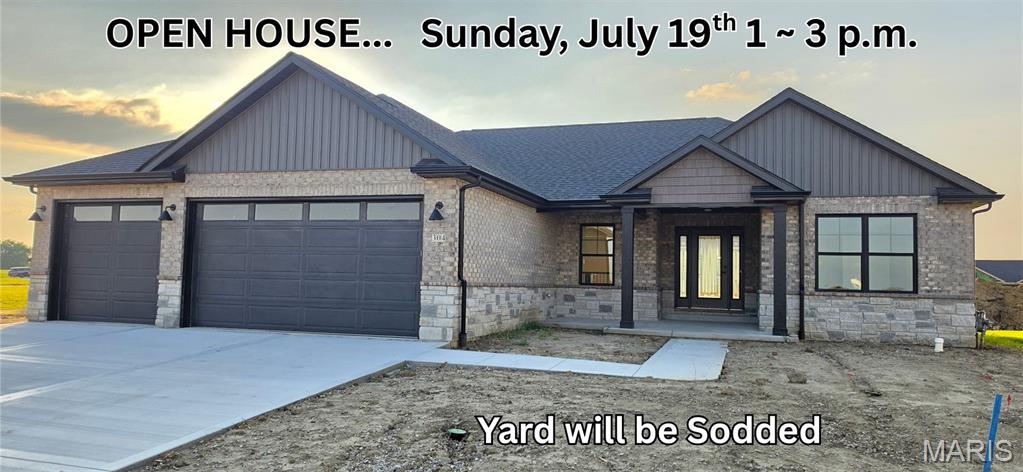 Now available for private showings.  Open House Sunday, July 19th 1-3 p.m.  Penn Builders New Construction, located minutes from "I" Hwy access on @ 1/4 acre lot. Preliminary Specs/Subject to Changes. 5 Bed/3 Full Bath; Split BR/Open Floor Plan; 9' foundation/8' main level walls with 9' raised tray ceiling in LR; @ 12x12 covered Patio with fan/light; Covered Front Porch with Craftsman style columns; Brick & Stone front. ZIP system sheeting on exterior framed walls; House insulation R-13 walls/R45 blown fiberglass in ceiling; Certainteed Landmark architectural shingles; Quaker Manchester low-e, tilt-wash, single-hung windows; Farmhouse style interior trim; upgraded RigidCore LVP flooring throughout main area, plus Laundry & Hall Bath. Kitchen includes: Quartz c-tops/tiled backsplash; stainless steel appliances~ 5-burner gas range/oven, dishwasher & microwave; @8'x3' island with counter seating; Walk-In Pantry. Homecrest Arbor cabinets in Kitchen & Baths with soft close dovetail drawers/soft close cabinet doors; Upgraded Delta faucets with lever handles throughout the home. Cultured marble countertops in Baths. Double sinks; linen cabinet; clerestory window; water closet with pocket door; large tiled shower with showerhead & rain can; and premium shower door with towel bar in Primary Bath. Window & linen cabinet in full hall Bath. Fireplace with Shiplap face to ceiling in LR, flanked by custom wood shelving on both sides.  Basement has FR, 2 BRs with egress & walk-in closets, a FULL Bath & 2 unfinished storage areas. Drop Zone inside garage entry. Main floor Laundry with electrical outlets; dryer vent & water hookups. Finished/insulated (R11 walls/R19 ceiling) Garage with belt driven WiFi openers, keypad & water spigot + 2 exterior water spigots. Hi-Eff HVAC; 50-gal commercial grade water heater; plumbed for water softener. Yard will be Sodded with Buried downspouts & front landscaping; 200 amp electric; Southwestern Electric for electricity/Ameren for natural gas.  More photos coming soon.  1 year builder warranty. C&Rs avail at: https://www.rlpdevelopment.com/subdivision/homes-of-liberty-place