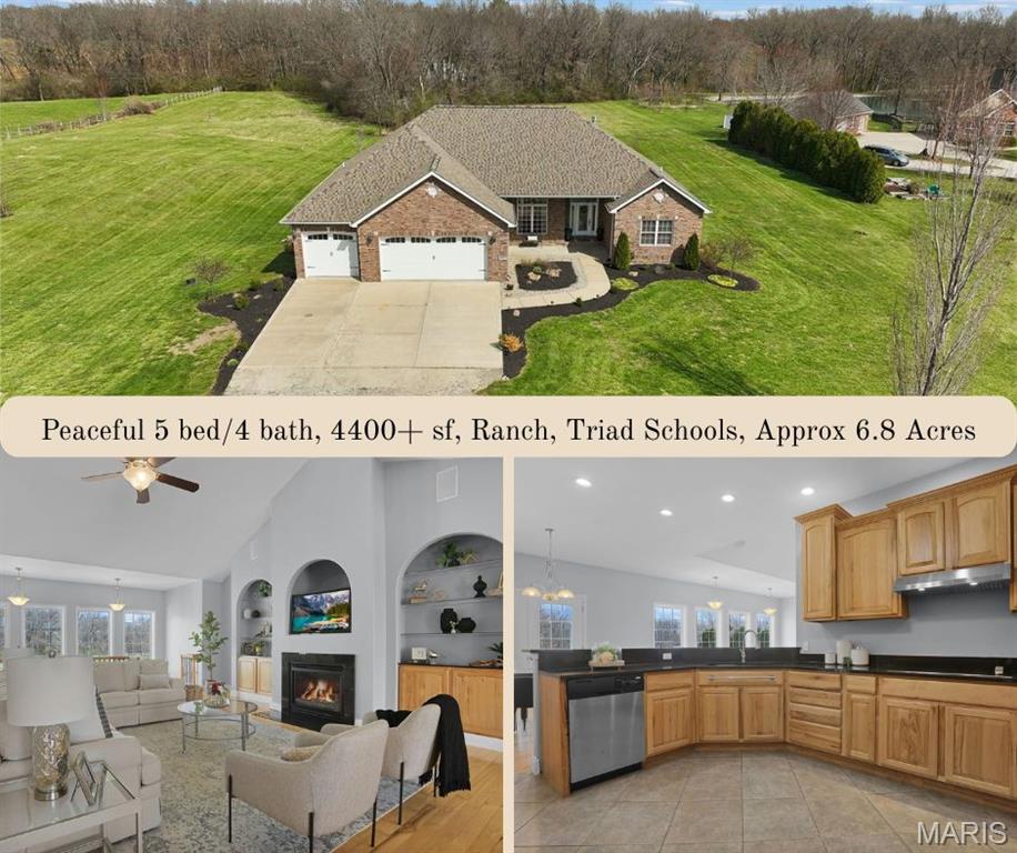 Experience the perfect blend of spacious luxury and tranquility in this ranch home nestled on approx 6.8ac in Triad School District.  With the backdrop of mature trees, this home offers both privacy & natural beauty in a serene setting.  Thoughtfully designed for comfort & elegance, this split plan features five bed & four full baths including the first primary suite on the main level w/separate tub & shower, massive walk-in closet & peaceful views.  The inviting living room features a soaring cathedral ceiling, cozy fireplace & custom built-ins creating a warm yet refined gathering space.  The formal dining room is enhanced w/crown molding provides the perfect setting for entertaining, while a stunning wall of windows along the back of the home fills the space w/natural light & captures panoramic views of the backyard & woods. The open-concept layout flows seamlessly into a well-designed kitchen & main living areas, ideal for everyday living & hosting alike.  Step outside to the covered maintenance-free deck where you can relax or entertain.  Fabulously finished walkout lower level expands your living space even further, featuring a secondary primary suite - perfect for guests or multi-generational living, along with the 5th bedroom, 4th full bath, spacious family/recreation area & a well-appointed wet bar.  Direct access to the outdoors completes this versatile lower level.  Also enjoy the lake views from the front porch & spacious front yard.  This extremely well-maintained property has it all!  Be sure to check out all of the photos showing this amazing property during all of the seasons!