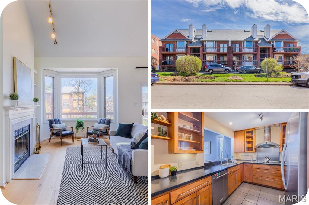 Welcome to this stunning 2-story condo in the heart of DeBaliviere Place. You won't get bored here living just steps from Forest Park, Wash U, the Delmar Loop, and Central West End-- truly an unmatched location! This light-filled 2 bed, 2.5 bath condo features soaring ceilings, an open-concept layout, and beautiful updated wood flooring throughout the main living space. The stylish kitchen offers high-end cabinetry, a breakfast bar, SS appliances and flows seamlessly into the spacious living and dining areas—perfect for entertaining!
Enjoy morning coffee or an evening drink on your private balcony. The main-floor suite is a true retreat with the oversized bedroom, large walk-in closet and spacious bath. Plus, there's a convenient half bath for guests on the main level. Upstairs, you’ll find a generous loft-style family room, second good-sized bedroom, updated full bath, and in-unit laundry. You'll love the attached tandem style 2-car garage and extra storage space in the basement.  Location, space, and style all in one!