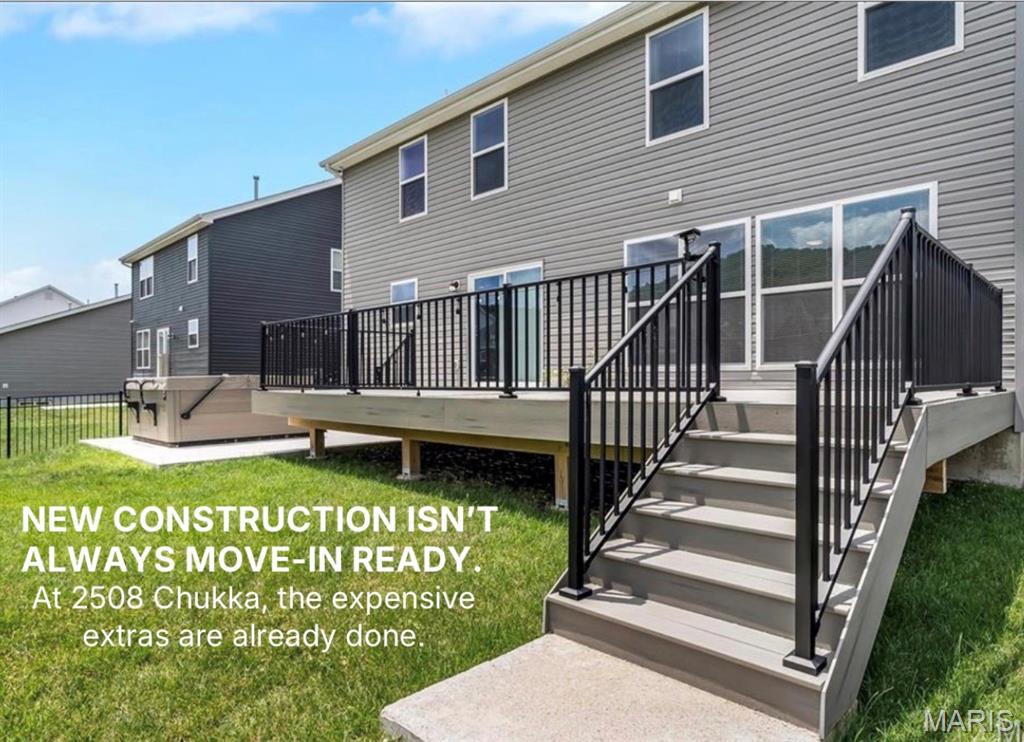 Skip the Builder. Keep the Upgrades! 2508 Chukka Dr, Eureka, MO  - Practically New At 2 Years Young! Rockwood Schools! 
Why wait to build when this beautiful, move-in-ready 2-story home is ready now? Like new WITH a deck, fence, patio, & expansive security system. No need to wait to build, PLUS the added expense of installing a deck after moving in w/ new construction (Royal II floorplan)... 2508 Chukka Dr. has done the upgrades! This home offers 4 bedrooms, 2.5 baths, and over 2,000 square feet of thoughtfully designed living space, combining modern style with everyday functionality. The open floor plan features durable wood-look flooring throughout the main level, abundant natural light, and a spacious family room perfect for gathering with family and friends.
The kitchen is the heart of the home, boasting quartz countertops, a center island with a breakfast bar, 42-inch cabinetry, stainless steel appliances, a walk-in pantry, and an adjoining breakfast room with sliding glass doors leading to the outdoors. Step onto the expansive composite deck overlooking the fully fenced backyard—ideal for entertaining, relaxing, or letting pets and children play safely. A dedicated pad is already in place for a future hot tub, creating the perfect space for outdoor enjoyment.
A formal dining room provides additional room for hosting guests, while the convenient main-floor laundry and powder room add everyday practicality. Upstairs, the spacious primary suite offers a walk-in closet and a private bath with double vanities, a walk-in shower, and a soaking tub. Three additional bedrooms and a full hall bath provide plenty of space for family, guests, or a home office. The full basement with an egress window and a bath rough-in offers endless opportunities for future finishing and additional living space. Located in desirable Polo Grounds Manors, which has the added community benefits of a pickleball court, small lake, playground, and clubhouse within the Rockwood School District, this home offers the perfect blend of comfort, style, and convenience.