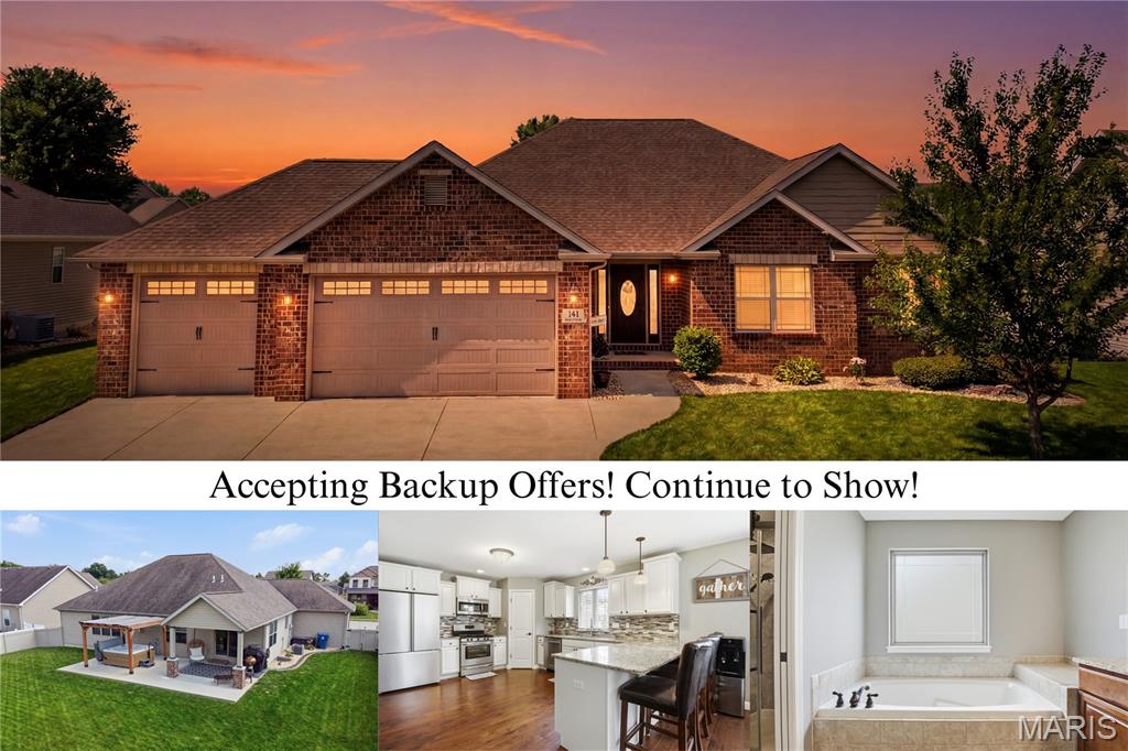 Accepting Backup Offers!

Welcome to 141 Meridian Oaks Dr, a beautifully maintained 4 bed, 3 bath brick ranch in the desirable Meridian Oaks subdivision of Glen Carbon. Built in 2014 and set on a quarter-acre lot in the Edwardsville School District, this home offers the space, condition, and layout that makes everyday living feel easy.

The main level has a warm, open flow that keeps the kitchen, dining, and living areas connected. Hardwood floors run through the main living spaces, and the living room is centered around a beautiful stone fireplace that gives the home a comfortable gathering space. The kitchen features white cabinetry, granite countertops, stainless steel appliances, a tile backsplash, and plenty of room for daily meals, hosting, and family routines.

The primary suite offers a private place to unwind with a tray ceiling, walk-in closet, and spacious bathroom featuring a dual vanity, soaking tub, and separate tiled shower. Additional bedrooms give you flexibility for kids, guests, a home office, or whatever stage of life you are in, while the main-level laundry adds convenience right where you need it.

The full finished basement gives the home even more room to live. With a large rec and family area, additional bedroom and bathroom, storage space, and a private sauna, this level is perfect for movie nights, play space, game days, overnight guests, or a quiet place to relax.

Outside, the fenced backyard adds another layer of livability. The covered patio and pergola area create an easy setup for grilling, relaxing, and spending time outside, while the yard still offers plenty of open space to enjoy. The 3-car garage, wide driveway, brick exterior, and clean landscaping add to the home’s practical appeal.

Located close to MCT trails, parks, downtown Glen Carbon, and convenient I-270 access, this home gives you a quiet subdivision setting with everyday amenities nearby. Clean, spacious, and thoughtfully maintained, 141 Meridian Oaks Dr is a Glen Carbon home built for comfortable family living. Call your favorite Realtor to schedule a showing!