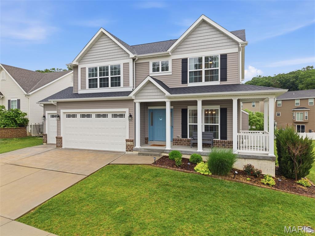 Welcome to this stunning 3-year-old two-story in the highly sought-after Rockwood School District! Offering 4 spacious bedrooms, 3.5 baths, and an oversized 3-car garage with 8-foot doors, this home combines modern design, functionality, and an unbeatable Eureka location. Step inside to find 9-foot first-floor ceilings, a spacious family room with a direct vent gas fireplace, and an open-concept layout perfect for everyday living and entertaining. The custom kitchen features 42-inch white cabinetry with crown molding, quartz countertops, center island, stainless steel appliances, butler’s pantry with glass doors, and a walk-in pantry. Upstairs, the oversized primary suite offers a luxurious retreat with a large walk-in closet, linen closet, double bowl vanity, separate tub and shower, and ample space to unwind. Additional features include six-panel doors, dual-zoned HVAC, 9-foot foundation pour, water softener, irrigation system, newer fencing, and a 30-year architectural roof. Situated on a large corner lot and conveniently located near Six Flags St. Louis, The Timbers of Eureka, shopping, restaurants, and quick highway access, this home truly has it all!