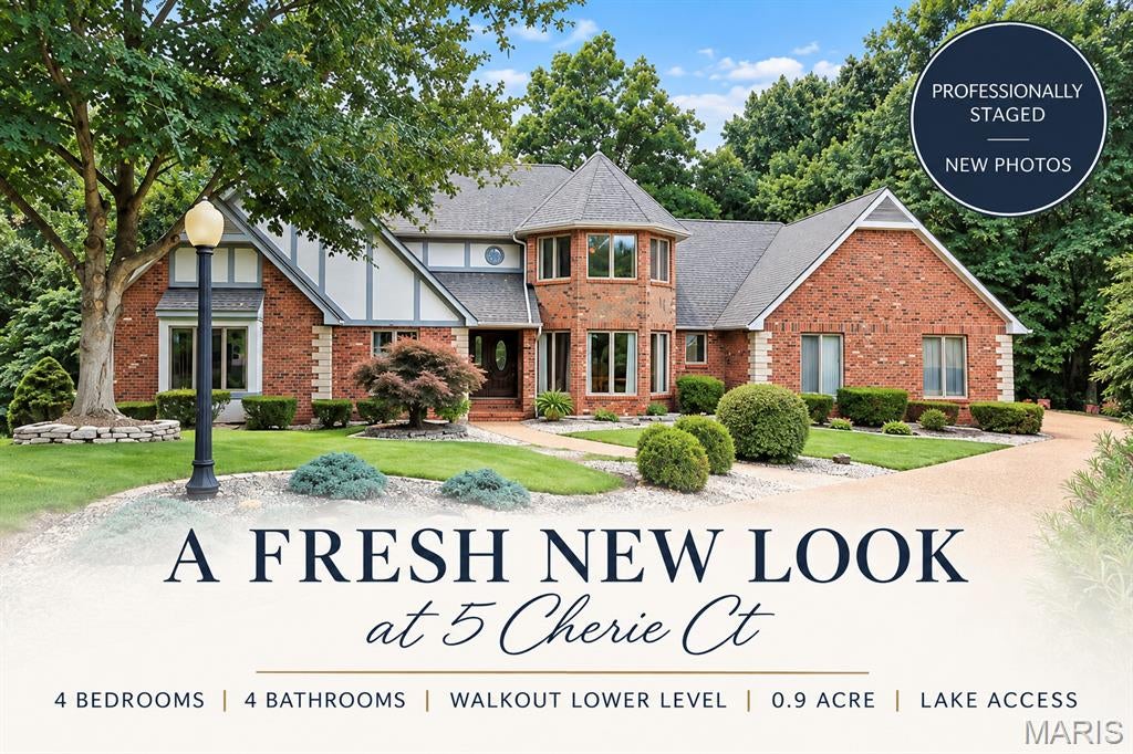 NEW PRICE, FRESH NEW LOOK! This exceptional custom-built lakefront home is ready to impress! Tucked away on a quiet cul-de-sac in Edwardsville, the home offers nearly 4,400 finished square feet, a private, wooded 0.9-acre setting and lake frontage with access for fishing, kayaking and paddleboarding. The spacious main level features a dramatic great room with a gas fireplace, updated kitchen with granite counters and new stainless appliances, breakfast room overlooking the backyard, formal dining room, sitting room, private office and convenient main-level laundry. The beautifully renovated primary suite offers a spa-inspired bath, while two generously sized upstairs bedrooms feature walk-in closets and share a full bath. The finished walkout lower level is perfect for entertaining, complete with a custom built-in bar, second fireplace, expansive recreation areas, fourth bedroom and full bath. Outdoor living is equally impressive, with two levels of composite decking, including a covered lower deck, overlooking the peaceful, wooded backyard. Enjoy your own lakefront retreat with direct access to the neighborhood lake just beyond the backyard! Recent improvements include a new roof, siding, composite decks, updated appliances and numerous additional upgrades. A side-entry three-car garage completes this remarkable property. Beautifully refreshed, thoughtfully updated and now offered at an exceptional new price—come experience 5 Cherie Court for yourself!