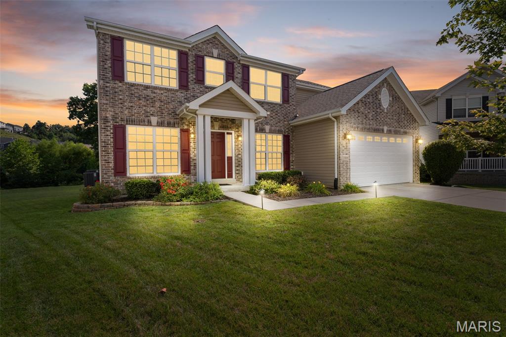 Set on a quiet cul-de-sac in the highly desirable Estates side of the Windings Bluffs neighborhood, this 5bd/3.5ba newer construction home provides an amazing opportunity for more space! An inviting entryway leads you through a soothing, neutral palette of spacious rooms on the first floor, with 9' ceilings, a generous amount of windows allowing plenty of natural light. The front of the home includes a formal dining room with access to the kitchen, as well as a flex space for home office, quiet sitting room, or playroom. The large family room w/ bow window looks out over the flat backyard, complete with stamped concrete patio and custom fire pit. The family room peeks into the kitchen through a beautiful staircase with rich hardwood and metal balusters. The eat-in kitchen has a large granite island perfect for casual meals and/or entertaining, along with an abundance of counter space for meal prep and hosting large kitchen appliances. Custom painted cabinetry, stainless steel appliances including a gas range and separate double oven, as well as a step-in pantry complete this space. The laundry room has a custom made cubby and granite counter folding table. Upstairs you'll find four bedrooms including a primary suite large enough for king size furniture plus a sitting area! The primary suite includes a walk-in closet and en suite with double vanity and separate tub/shower. Three additional spacious bedrooms each with ample closet space and a hall bath with basketweave tile and oversized vanity complete the upstairs. In the basement you'll find a finished recreation area, as well as a proper basement bedroom with egress window and walk-in closet. The basement has a full bathroom with a fun stone-look tile. The deep pour basement has a large unfinished storage area, which makes this the ideal newer construction basement! The backyard is a retreat with custom patio and fire pit,  landscape lighting for night time hang outs, as well as a flat back yard perfect for playing ball and yard games. In the back of the lot, you'll find custom stone steps and landscaping beds fit for a garden or flower bed. The yard and landscaping stay lush with the home's irrigation system! This neighborhood is perfect for the active owners, with a walking trail loop that is seen in the back of the yard, pickle ball courts, soccer field, basketball court, and two ponds you can fish in. The elementary school is located just outside of the neighborhood, making the morning commute a breeze for those utilizing this school!