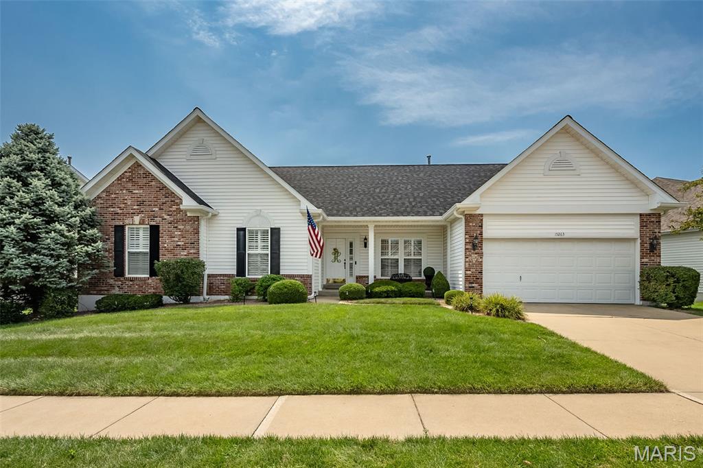 Exceptional ranch home in sought after gated community in Chesterfield. This popular “Carlisle” model from Fischer & Frichtel has been immaculately maintained and features an open floor plan beautifully designed & stylishly appointed to accommodate daily comfort & gracious entertaining. Oak hardwoods line the impressive entry foyer & flow into the formal dining room and spacious living room with double-sided fireplace, built in bookshelves and cabinetry and expansive wall of windows that flood the room with natural light. The chef’s kitchen is ideal for both everyday living & entertaining with 42” white cabinetry, granite countertops, premium appliances, center island & planning center. The adjoining breakfast room & hearth room with marble fireplace provide a welcoming gathering place. Easy access to the main floor laundry off the kitchen. The primary bedroom suite offers an appealing retreat with luxury bath glazed cabinetry, quartz countertops, walk-in closet & jetted walk-in tub. Two generous-sized additional bedrooms & hall full bath complete the main floor living quarters. Walk-out Lower Level includes expansive recreation room plus 4th bedroom, full bath and ample storage space. Situated on an extensively landscaped level lot with oversized 2-car garage & patio adjacent to open green space. Newer roof (2025) and hot water heater (2023).  Convenient Chesterfield location just minutes from shopping & restaurants with easy access to Hwy 40. Historic Faust Park with walking trails, carousel & butterfly house is a short walk away. Monthly HOA fee of $185 covers the Enclave yard maintenance & snow removal. The $500 annual fee is for all of Nooning Tree and is for common ground maintenance. Washer, dryer & refrigerator are included.