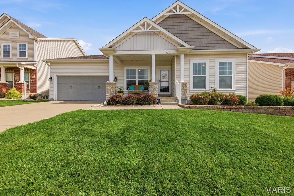 Move-in ready ranch with amazing curb appeal awaits! So many extras and great location to access O'fallon, Lake Stl and Wentzville! Arrive to fresh landscaping, great yard with Irrigation System, shake/vertical shingles for that fresh exterior look, a covered porch and large driveway. Inside you'll notice hardwoods and crown molding throughout and a split bedroom plan. The kitchen offers plenty of custom cabinetry, quartz tops, SS appliances, gas oven backsplash, under cabinet lighting and breakfast bar! Enjoy a large dining area next to the kitchen leading to a screened in porch with composite decking! The family room is HUGE with plenty of natural light and 9 ft ceilings. The primary bedroom is spacious with walk-in closet and large primary bath suite. Bedrooms 2 and 3 are great sizes and there's even a front office/study complete with double glass doors. This home is ready to go! Walking distance to Liberty High and great access to 364/61, shopping and area amenities!