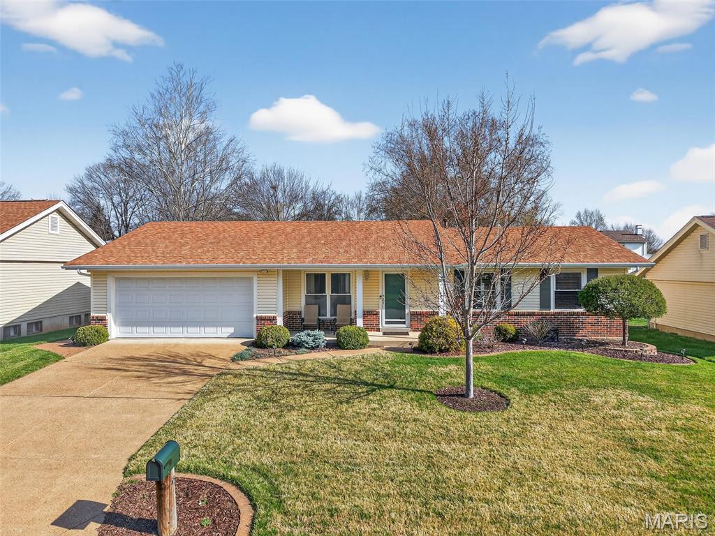 This is THE ONE! Meticulously maintained SHOWSTOPPER in St. Peters with a setting that feels straight out of a dream! Tucked away in a sought-after Crescent Hills subdivision & Francis Howell School District, this stunning Ranch home offers the perfect blend of space, privacy, and upgrades you’ve been searching for! Boasting over 1,300+ sq ft, 3 spacious bedrooms, 2 full bathrooms & a 2-car garage, this home is built to grow with you for years to come! Inside you're greeted by a bright and inviting living room that merely scratches the surface for all your entertaining dreams! The gorgeous gleaming engineered hardwood Acacia flooring throughout makes you want to move right in! The updated kitchen boasts bright white cabinets, stainless steel appliances, quartz counters, and additional prep & storage space to delight the chef in the family. The family room is cozy, featuring a floor-to-ceiling brick gas fireplace and access to the massive 15X15 sun room (furniture included), which overlooks the STUNNING and meticulously landscaped with 6ft vinyl privacy fence private backyard! Large custom paver patio for the hot tub that is STAYING (supplies included) with the house for your personal oasis! We haven't forgotten the bedrooms! The Large primary bedroom features double closets with Elfa closet systems & a classic ensuite with an onyx shower & sink. Two more generously sized bedrooms also with Elfa closet systems, make space for the whole family or an office/private reading nook! Second full bath also has an onyx tub & sink, which were recently updated & barely used. Other updates & extras include, but are not limited to: Champion dual-pane windows throughout the home & sunporch, gutter guards, vinyl siding, enclosed soffits & fascia, steel entry doors, six-panel doors throughout, and upgraded baseboards. Security includes Ring camera in front & ring camera flood light in back. Finally, many extra electrical outlets in the lower level make it very easy for you to finish & add to your total living area & future equity gains! 55 Constellation has everything to fit your needs & wants! Get your private showing scheduled now because the value this home brings to the St. Charles County Real Estate market will surely have someone calling it home sweet home very soon!