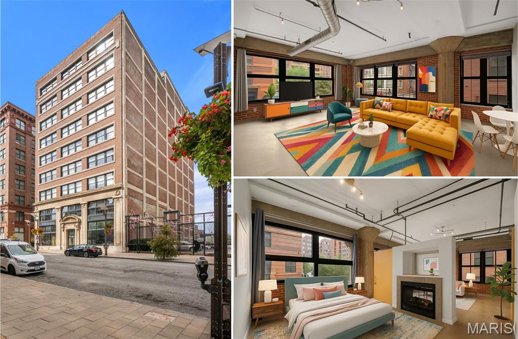 Beautiful corner loft in Downtown’s sought-after Railway Lofts. Featuring 1,423 sq. ft. of open living space, this 1-bed, 2-bath home blends historic charm with modern upgrades. Exposed brick walls, soaring ceilings, and oversized windows create a light-filled, airy atmosphere. The spacious kitchen is an entertainer’s dream with granite counters, 42” cabinets, stainless steel appliances, center island, and breakfast bar, plus a separate dining room for formal gatherings. Relax in the inviting living area with its two-sided gas fireplace and built-in shelving, or retreat to the primary suite boasting a fireplace, large walk-in closet, and spa-like bath with jetted tub and separate shower. Additional highlights include in-unit laundry, and an oversized Whirlpool tub in the secondary bath. Enjoy peace of mind with same-floor storage and secure, heated garage parking. The Railway Lofts offer a strong, well-managed association and an unbeatable Washington Avenue location near dining, shopping, and entertainment. This is downtown living at its best!