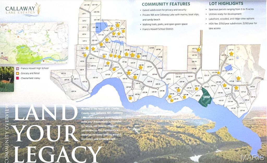 Nestled in the heart of St. Charles County near Defiance and New Melle, MO, Callaway Lake Estates offers a rare opportunity to build your dream home surrounded by natural beauty while remaining close to modern conveniences. This private community is designed for those seeking space, recreation, and long-term value. The development features 108 homesites, with 35 already sold in the first 18 months, demonstrating strong demand for acreage property in this desirable area. Welcome to Lot 63. All lots are 5+ acres and thoughtfully positioned to provide privacy, scenic views, and the perfect setting for your forever home or peaceful weekend retreat. Ownership in Callaway Lake Estates also includes shared ownership of the stunning 168-acre Callaway Lake, ideal for fishing, kayaking, and enjoying the outdoors.
