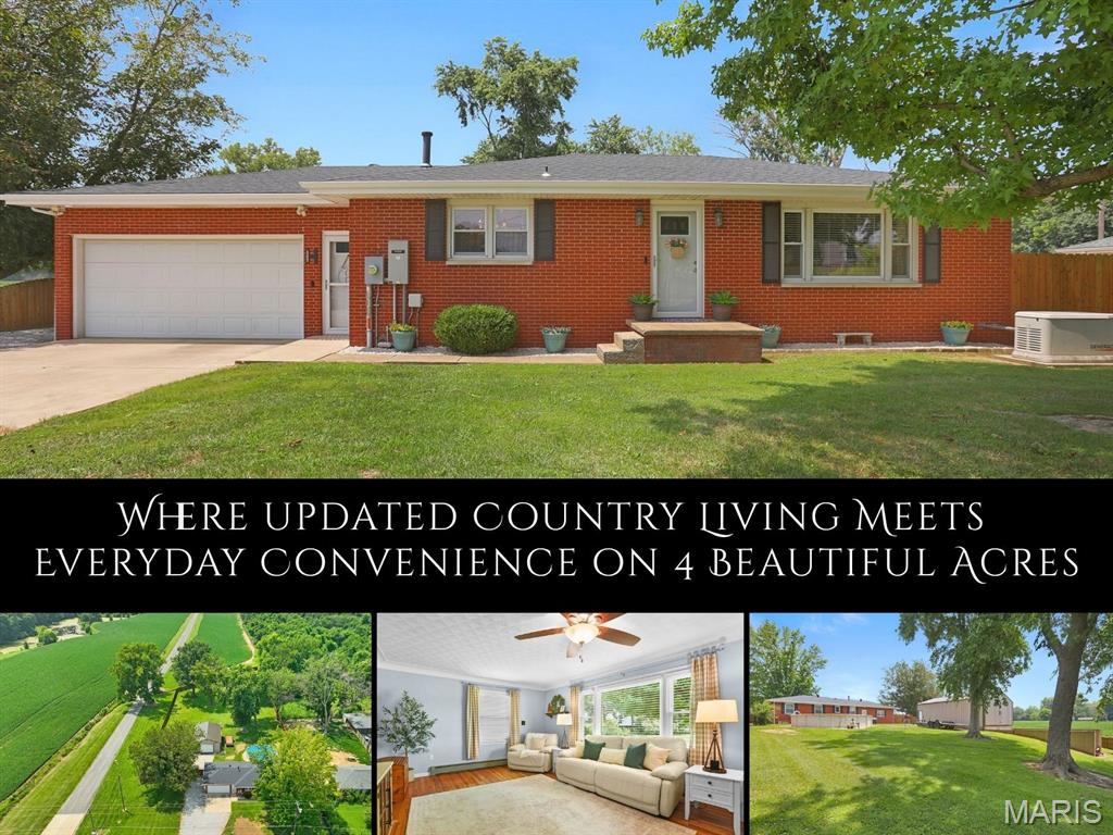 Set on 4 picturesque acres just minutes from downtown Edwardsville, this completely updated brick ranch offers the peaceful rhythm of country living without giving up the conveniences you love. Wake to wide-open views, spend evenings beneath mature shade trees & enjoy being directly across from the newly renovated Fox Creek Golf Course & restaurant. Inside this home, beautiful original hardwood floors, decorative cove molding & abundant natural light create a warm welcome. The living room flows into a cheerful eat-in kitchen featuring freshly refinished cabinetry, mason jar pendant lighting, stainless appliances & striking black counters for a timeless modern touch. The spacious primary bedroom easily accommodates a home office or sitting area & includes a meticulously organized walk-in closet. The beautifully remodeled bath features dual quartz vanities, a tiled walk-in shower with river rock accents, built-in niches & wiring for a TV to make busy mornings a little more enjoyable. A 2nd bedroom completes the main level. The clean lower level offers laundry, abundant storage & endless potential for future living, fitness/hobby space. Outside, the fully fenced yard is made for gathering with an above-ground pool (‘23), towering shade trees & room to roam. The heated outbuilding with electricity offers exceptional flexibility for projects, storage or a workshop, while the hidden lower parking area provides convenient space for an RV, boat or additional vehicles. Whole-home Generac standby generator for dependable automatic backup power.