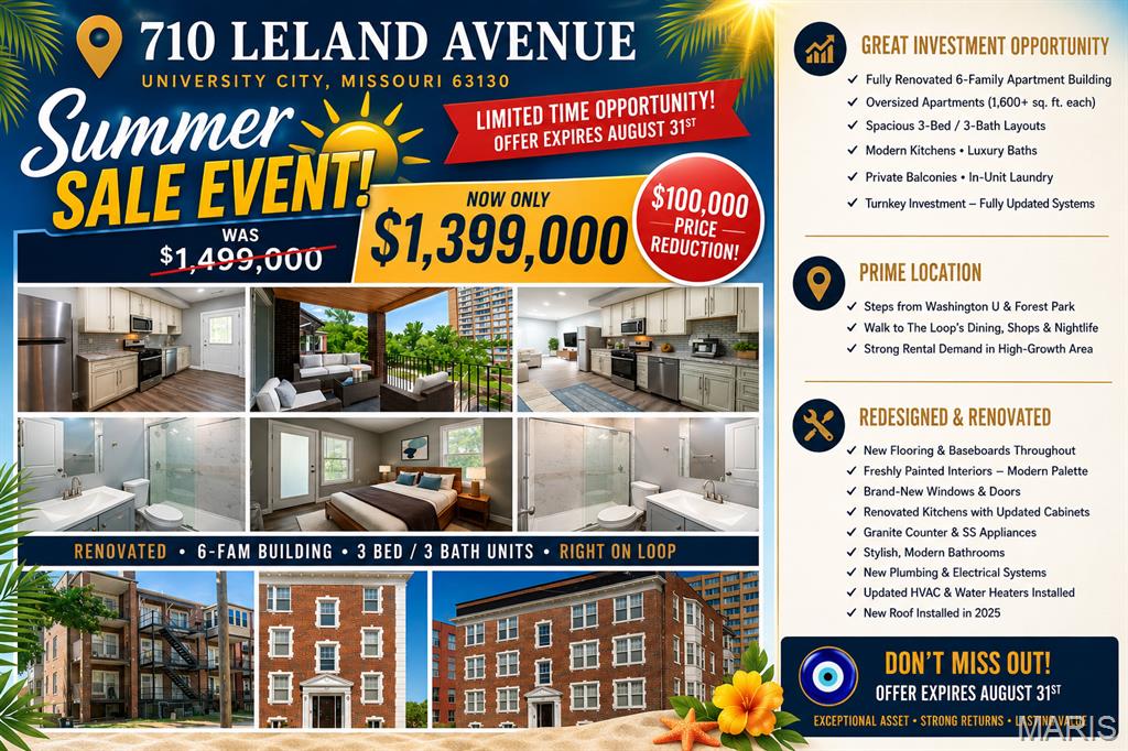 ***Rare 6-Family Investment in the Delmar Loop!!!*** Beautifully renovated 6-family residence just steps from Washington University and all the attractions of the Delmar Loop. This 9,936 sq. ft. building features oversized units of more than 1,600 sq. ft. each. Four units—three on the right wing and one on the left wing—were COMPLETELY GUTTED AND FULLY REBUILT - LESS THAN TWO YEARS AGO, including all-new plumbing, electric, HVAC systems, ductwork, kitchens, baths, flooring, and modern interior layouts. The building also features a BRAND-NEW ROOF INSTALLED IN 2025. The right wing includes three fully redesigned 3-bedrooms, 3-bathroom units with open layouts, balconies, in-unit laundry, brand new kitchens with granite counters and stainless-steel appliances, new flooring, windows, and completely updated plumbing, electric, and HVAC systems as part of a full gut renovation completed less than two years ago. The left wing offers three additional renovated apartments with updated kitchens and baths, refinished hardwood floors, and fresh paint, with opportunity for further value-add upgrades. One of the left-wing units also underwent a full gut rehab within the last two years, including new plumbing, electric, and HVAC. Perfect for both investors and owner-occupants, the property benefits from strong rental demand from Washington University students and unbeatable walkability to Starbucks, Fitz’s, Blueberry Hill, Tivoli Theatre, Moonrise Hotel, Vintage Vinyl, and the rest of the Delmar Loop’s shopping, dining, and entertainment. One unit is currently available, offering the option to lease immediately for income or reserve for your own residence.