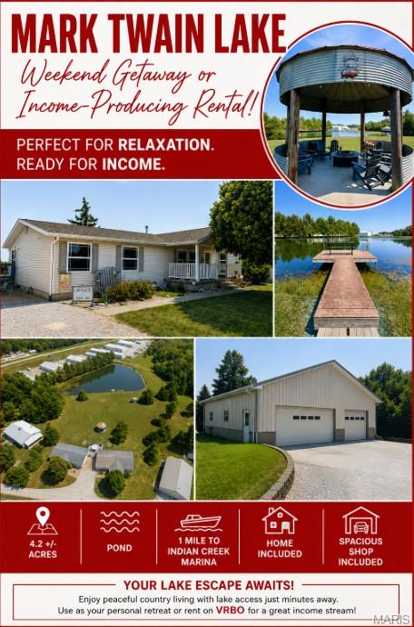 Escape to your own slice of lake country with this unique property located just 1 mile from Indian Creek Marina! Situated on 4.2 +/- acres (pending survey), this property offers the perfect opportunity for a weekend getaway, recreational retreat, or VRBO income stream.

The home features 3 bed, 2 full baths, and has been meticulously maintained. On the property find a 3 bay heated shop, providing plenty of room for vehicles, boats, lake toys, hobbies, or additional storage. Enjoy the peaceful setting with a pond, acreage, and plenty of room to relax and make the most of your time near Mark Twain Lake.

Whether you're looking for a personal lake retreat or an investment opportunity with rental potential, this property offers flexibility and convenience just minutes from the water.

Adjoining property for sale MLS# 26056862 additional modular home with shouse on 4.2+/- acres. Shares pond.