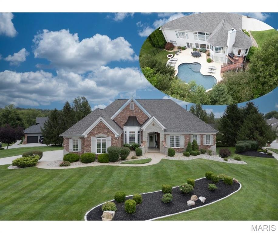 You won’t be disappointed! Beautiful brick and stone front with striking wing wall details. Enter through an upgraded leaded glass door with matching sidelights. Gorgeous hickory flooring throughout the main living area. Formal dining room to the left; private office with French doors to the right. The living room features transom windows and 11’ ceilings. The updated kitchen offers a Wolf double oven & 8-burner gas range, granite counters, groutless ceramic backsplash, custom walk-in pantry, and pull-out cabinetry. The hearth room features a fireplace, transom-tinted windows and opens to a sunroom with access to the grill deck. The primary suite includes dual custom closets, tray ceilings with lighting and floor to ceiling windows letting in lots of natural light. The home also features a private, resort-like backyard with Gunite pool, cool decking, water feature, lush landscaping, and firepit. Walkout lower level with two bedrooms, two baths, fireplace, wet bar, and a bonus/game room with dishwasher, microwave, ice maker, and cabinetry—perfect for entertaining. Side-entry 3-car garage with epoxy flooring, built-ins, and overhead storage. Driveway replaced in 2022. Secondary entrance leads to a large laundry room with ample cabinetry, granite counters, built-in sink, and coat closet. Meticulously maintained with thoughtful upgrades throughout—this home is truly move-in ready!