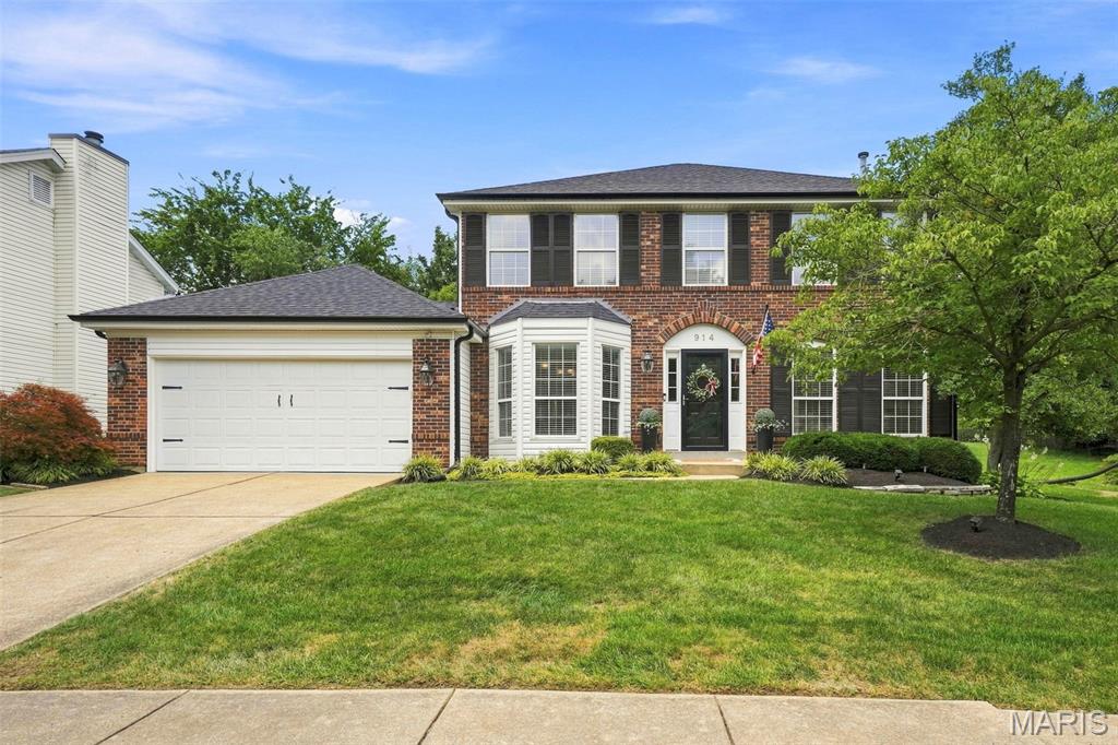 Pristine 2 Story with brick front, new roof and gutters in sought-after Remington Oaks Subdivision. 4 bedrooms, 2.5 bathrooms, over-sized 2-car garage and 2,179 sqft of living space. Open floor plan includes dining room with bay window, living and family room with luxury vinyl plank, brick mantle gas fireplace, bay window, recessed lighting, stepping out to a patio and fenced backyard. Ceramic tile flooring in updated kitchen with 42 inch cabinets with crown, LG stainless appliances, pantry and breakfast area with bay window overlooking professionally landscaped backyard. Main floor laundry, and updated guest bathroom with pedestal sink. Spindled stairwell leads to upper level with newer carpet and french door that leads to owner's suite with bay window, dual closets, raised double vanities, separate shower and soaker tub. Three additional nicely-sized bedrooms, one including a walk-in closet. HOA amenities: three pools, clubhouse, tennis and pickleball courts, exercise facility and lake along with highly-rated Rockwood School District!