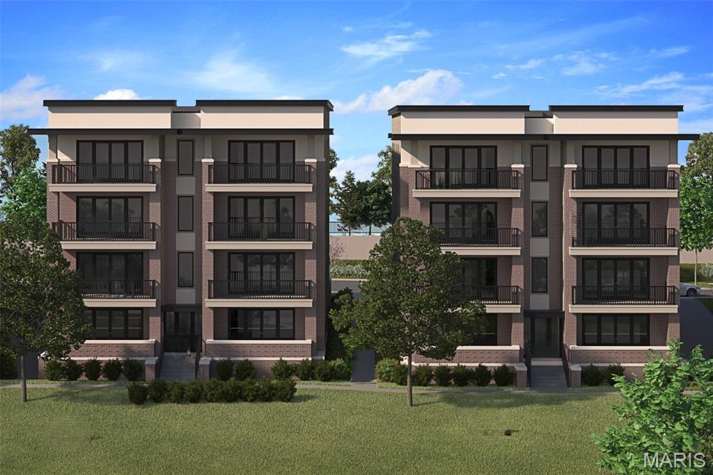 New Town & Country upscale condominium floorplan by McBride Homes featuring 3BR, 2.5BA will be ready spring 2027 at Hwy 141 and 40 with 1800 sq ft of living space! 3rd?floor unit with black sliding glass doors and ceiling fans in the living room and primary bedroom, plus transom windows in the primary. Open concept living with expansive ceilings & wood laminate flooring throughout entire unit.?Kitchen with level 6 Winstead white cabinets & gray accent island, quartz counters & backsplash, 30” electric range with hood & island w/breakfast bar. Primary bedroom walk-in closet, ceiling fan, private bath w/dual vanities, walk-in shower w/seat. Additional bedrooms w/ceiling fan, walk-in closet & Jack and Jill bath. Extras include laundry rm, powder room, storage closets, and matte black fixtures. Each building is elevator-accessible w/secured lobbies, underground parking, & only two residences per floor.?Renderings shown.
