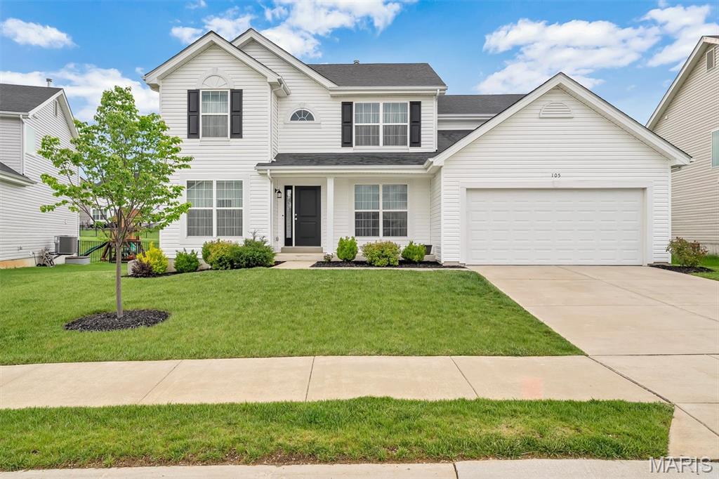 Welcome to this like-new, three-year-old Sequoia floor plan home in Windswept Farms! Located in the highly rated Rockwood School District, this 4-bedroom, 2.5-bath home offers an ideal blend of style, comfort, and functionality. The main level features a separate living room/home office, formal dining room, spacious family room, and an open kitchen with a large center island — perfect for gathering and entertaining. Luxury plank flooring runs throughout the main floor, adding warmth and durability. Step outside to enjoy the composite deck and patio just off the kitchen, creating an excellent extension of the living space for outdoor entertaining and relaxation. Upstairs, you’ll find all four bedrooms, including a spacious primary suite with a large walk-in closet, double vanity, soaking tub, and separate shower. Three additional bedrooms and a shared hall bath complete the upper level. The lower level includes an egress window and rough-in bath, offering excellent potential for future finishing and added living space. Beautiful light-filtering shades, neutral paint colors, and modern flooring make this home truly move-in ready. Residents of Windswept Farms enjoy community amenities including a barn-style pavilion and community gardens. Conveniently located with easy access to I-44 and close to Schnucks, Panera Bread, and a variety of dining and shopping options.
