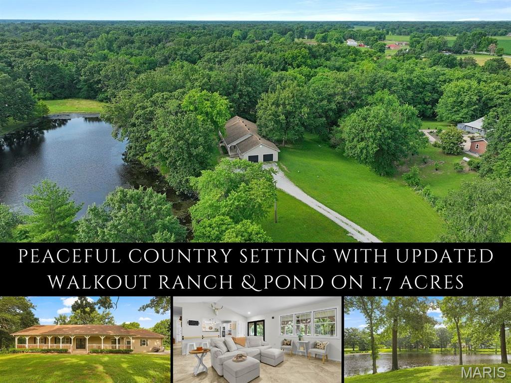 Down a quiet country lane lined with split-rail fencing, this beautifully updated walkout ranch offers a peaceful lifestyle. Arrive home to views of neighboring horses grazing in the paddock, your shared pond framed by towering trees & a setting that feels worlds away. The welcoming covered front porch invites slow mornings with coffee, evenings in a rocking chair & endless appreciation of the surrounding countryside. Inside, crisp white walls, natural light & a soaring vaulted ceiling create an airy, refreshed feel. The living room centers around a dramatic fireplace, while a floating butcher block breakfast bar connects the space to the kitchen featuring eye-catching quartz counters, center island, glass-front cabinets, accent shelving & stainless appliances. The dining room, topped by a chandelier, is perfectly positioned to capture serene views. The spacious owner's suite offers an updated bath with dual antique-style vanity, walk-in shower & open storage. 2 additional bedrooms, a full bath with dual sinks & large laundry/storage room complete the main level. The walkout lower level expands the living space with Pergo LVP flooring, a massive rec room, full bath, 3 bonus rooms behind modern sliding barn doors perfect for a personal gym/hobbies/home office, plus a storage area. French doors open to a private patio surrounded by woods, where a trickling creek & rustling trees create a true retreat. Bunker Hill boasts a quaint town square, parks & local restaurants. Country living at its finest!