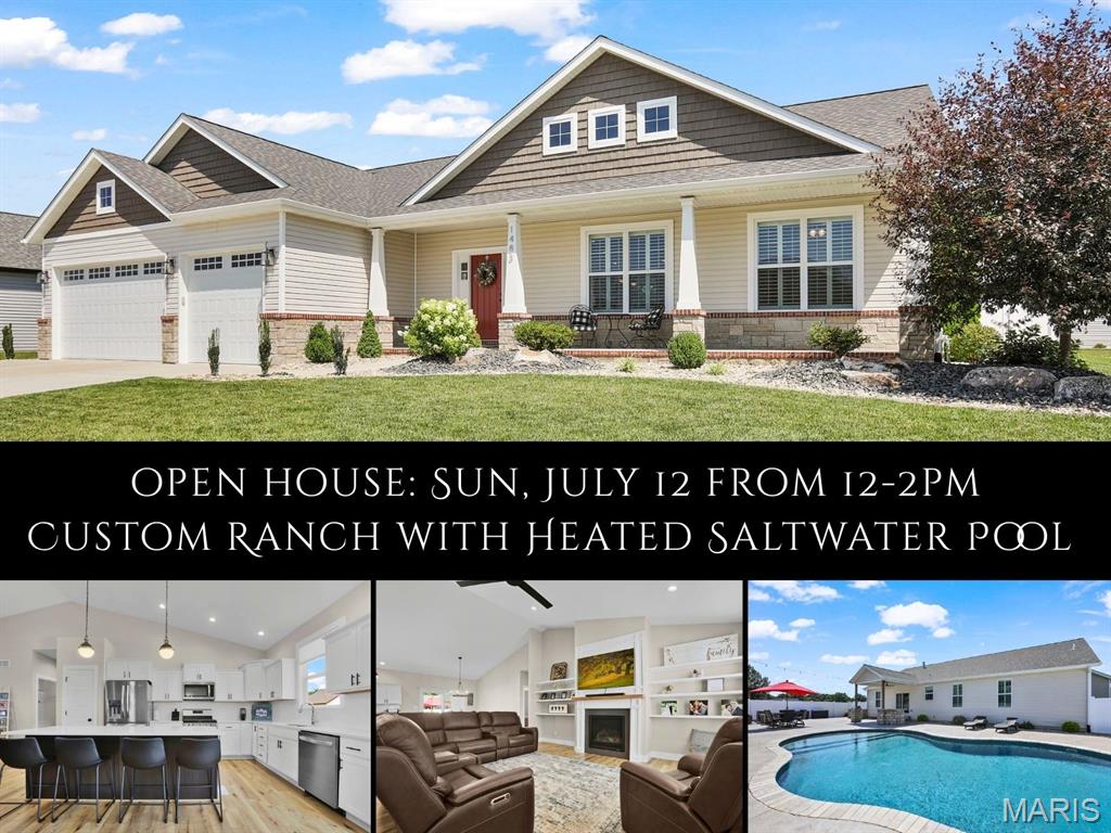 Beautifully crafted and better than new, this exceptional Hampton Glen ranch offers luxurious finishes, open, airy spaces & an incredible backyard retreat. The split-bedroom floor plan showcases soaring vaulted ceilings, abundant natural light & beautiful luxury vinyl plank flooring throughout the main level. The chef-inspired kitchen features quartz counters, a massive center island, custom cabinetry, tiled backsplash, walk-in pantry & stainless appliances, flowing seamlessly into the dining area and inviting great room anchored by a gas fireplace adorned by custom millwork & shelving. Privately tucked away, the owner's suite offers a spa-inspired bath with shiplap accent wall, dual vanities & subway tiled walk-in shower with additional rainfall shower. A thoughtfully designed laundry/mudroom with custom storage, 2 additional bedrooms & full bath complete the main level. The finished lower level expands your living space with a spacious family room, 4th bedroom with walk-in closet (perfect for guests or a home office), full bath & abundant storage. Stepping outside, imagine lounging beside the heated saltwater pool, preparing dinner at the built-in Napoleon grill, enjoying cold drinks with friends around the stone-accented bar & lingering beneath the covered patio long after the sun sets, all within a privacy-fenced backyard.  Every detail has been thoughtfully designed & meticulously-maintained to create a home you'll love for years to come.