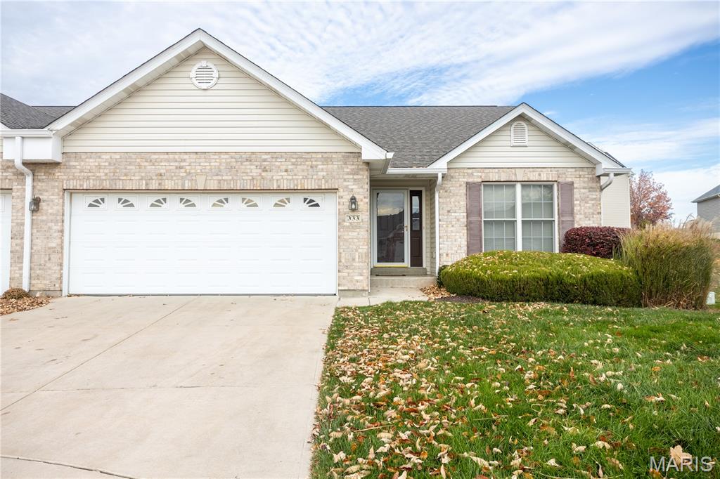 Looking for a new place to call home?  Look no further than 333 Villa Tuscany located at the end of a cul-de-sac.  Walk into the inviting foyer that opens up to the dining room and living room.  Cozy up with the gas fireplace and vaulted ceiling.  The main bedroom has a full bath with shower and walk-in closet.  The second bedroom is next to the guest full bath with shower and tub.  The eat-in kitchen has a breakfast bar and Quartz counter tops.  There is a large pantry and main floor laundry that leads you to the 2 car garage.  The lower level is partially finished with a great family room and full bath with shower.  There is a huge walk-in closet for all those extra clothes and whatever you need to store.  There is a partially finished room that is just waiting for drywall and a closet to make it another bedroom.  The unfinished area is great for storage and it includes a sump pump.  This condo is close to all that O'Fallon has to offer.  Just wait until July when you can watch the fireworks from your own deck and never have to cut your grass again.  Make an appointment now before the sign says SOLD.