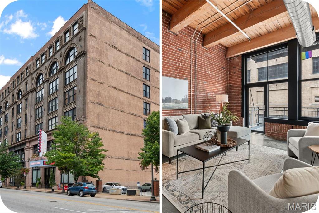 Experience city living at its best in the sought-after Lucas Lofts, located in the heart of the Washington Avenue Loft District. This 1,576 sq. ft. 2 bedroom, 1 bath 4th floor unit showcases its industrial past with exposed brick walls, soaring timber ceilings and massive wood beams. The polished concrete floors and original details give the space a warmth and character that's hard to replicate. You'll love this open floor plan with oversized windows that fill the loft with natural light and provide a comfortable setting for both everyday living and entertaining. The kitchen offers generous cabinet space, granite countertops and stainless steel appliances. A beautifully renovated bathroom features a large, oversized walk-in shower with gorgeous floor-to-ceiling tile and double vanities. A full-size washer and dryer are conveniently located in the unit. Step outside to your private balcony for a little outdoor space of your own. Head upstairs to the rooftop sundeck to grill, relax by the in-ground splash pool and take in sweeping views of the city. The unit also includes an assigned garage parking space and private basement storage. The secured building features a new smartphone-controlled entry system, allowing you to conveniently manage building access right from your phone. Ideally located in the vibrant Washington Avenue Loft District, you're just minutes from Ballpark Village, Busch Stadium, Enterprise Center, CITYPARK, Union Station, the Stifel Theatre, restaurants, nightlife and entertainment. With its original architectural details, amenities and prime location, Lucas Lofts offers a truly special opportunity to experience loft living in St. Louis!