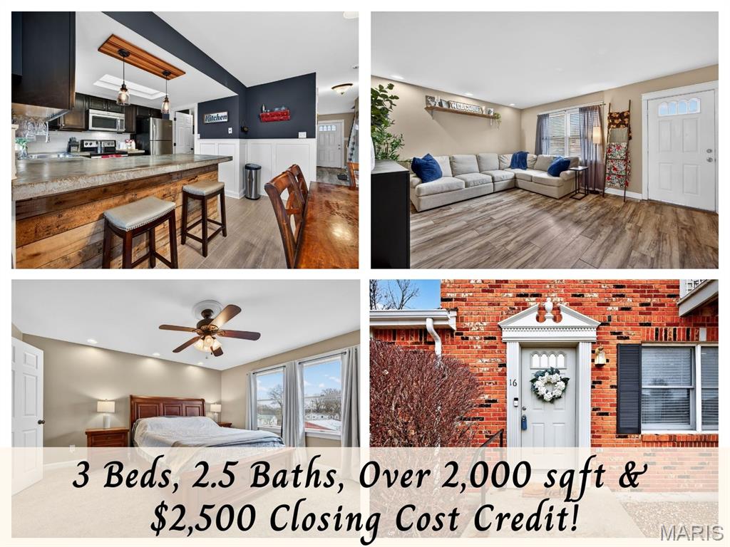 Hard to find in the heart of Troy ~ Spacious Townhome with 3 Bedrooms and 2.5 Baths, (over 2,000 sq ft.) Finished Lower Level features a FamilyRm/Flex Space, the 3rd bedroom and walk-out to Brick Patio. Enjoy leisurely living with no exterior maintenance and affordable price to own your own home.   You'll LOVE this Move-in Ready w/Tasteful Updates & Style giving it a Cottage, Pub-Like Feel!  Stainless Steel Appliances - dishwasher, smooth top stove, built-in microwave & Refrigerator included.  Recessed lights on every floor w/quaint wainscotting thru-out. Extra bonus:  Washer & Dryer will stay, making this home completely turnkey. Huge Primary Bedroom with Private En-Suite Bath & Walk-in Closet.   HUGE secondary Bedroom w/cute balcony. Seller is willing to credit $2,500 for window repairs/replacements.  Great open space in back w/ lovely view to neighbor's red barn. Townhome has had new roof in '24, stainless dishwash in '25, 50 gallon hot water heater in 2021.  Convenient location just off Hwy 47 and 61 w/ quick highway access, shopping and near Cuivre River State Park!  Affordable taxes and low monthly fees!   Property qualifies for USDA Financing with Lower Interest Rate and no PMI!