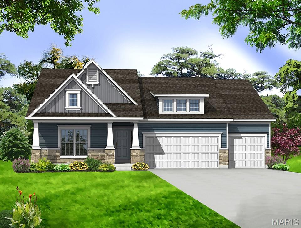 New construction Craftsman-style ranch by Consort Homes in the Cedarstone subdivision in Dardenne Prairie, located in the Wentzville R-IV School District. This 1-story home offers 2,240 sq ft of main-level living with 3 bedrooms, 2 baths, and a 3-car attached garage. The open floor plan features a spacious great room with 2' volume ceiling, wall of windows, and electric fireplace, flowing into the kitchen and breakfast area. The kitchen is designed with custom 42" two-tone cabinetry with crown molding, soft-close doors, dovetail construction, and full-extension drawers. Quartz countertops are complemented by stainless steel gas appliances including range, microwave, dishwasher, and disposal. Additional highlights include a refrigerator cabinet, center island with breakfast bar seating, walk-in pantry, and pendant lighting, creating a functional and well-appointed space for everyday living and entertaining. The main-level primary suite includes a walk-in closet and private bath with double adult-height vanity and walk-in shower. Two additional bedrooms, full bath, and main floor laundry complete the layout. The walk-out lower level features a 9' pour, rough-in bath, and unfinished space ready for future finish.
