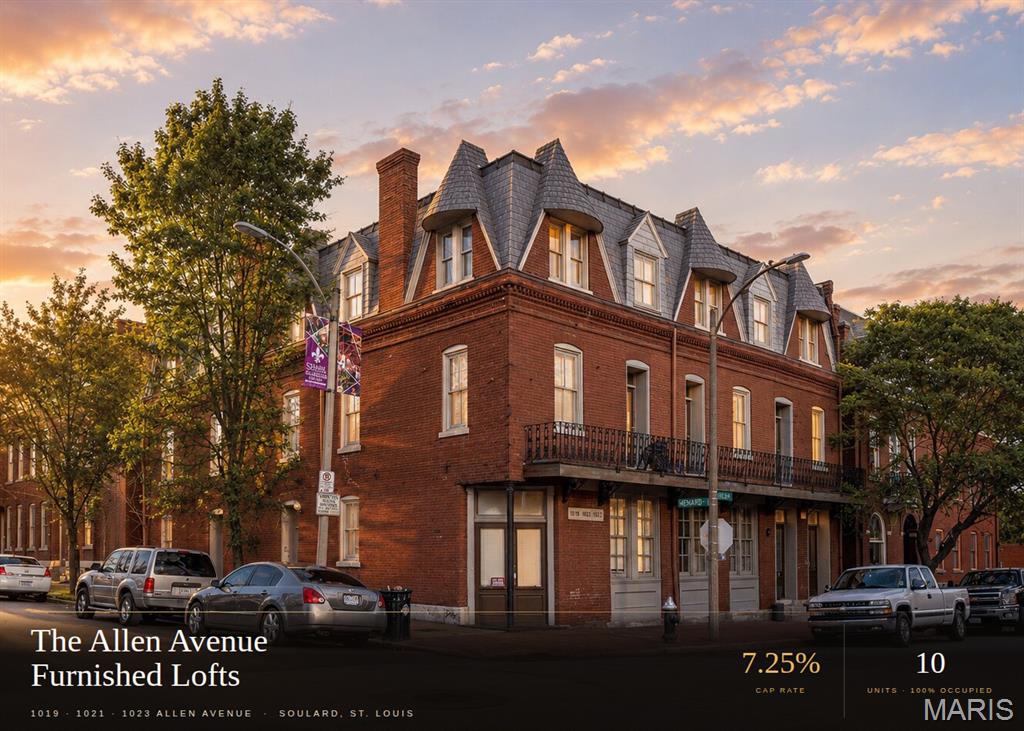 The Allen Avenue Furnished Lofts - ten fully furnished, individually renovated residences in one landmark 1901 red-brick building on a single parcel carrying three classic Soulard addresses (1019, 1021, and 1023 Allen). 100% occupied. Priced at a 7.25% cap rate on ACTUAL trailing performance: $193,732 total revenue against $57,254 of actual operating expenses for $136,478 NOI. Every unit has its own floor plan, in-unit laundry, full kitchen, smart TV, queen beds, electronic locks, and owner-paid high-speed internet. Unit mix: three 1BR/1BA, three 1BR/1.5BA, two 2BR/2.5BA townhome-style lofts, and two studios. Three ways to operate - long-term, mid-term furnished (30+ day traveling-nurse and corporate stays), or short-term, or a hybrid of all three. One tenant has operated their unit as a successful Airbnb since February 2023. Soulard has no hotel inventory, and SSM Health SLU Hospital, Cardinal Glennon Children's, and the Barnes-Jewish / Washington University medical campus are minutes away. Turnkey, management-light cash flow in St. Louis's oldest and most walkable neighborhood, where product like this rarely trades. Offering memorandum, current rent roll, and seller operating statements available to qualified buyers. Buyer to verify all figures, square footage, and short-term-rental permitting.